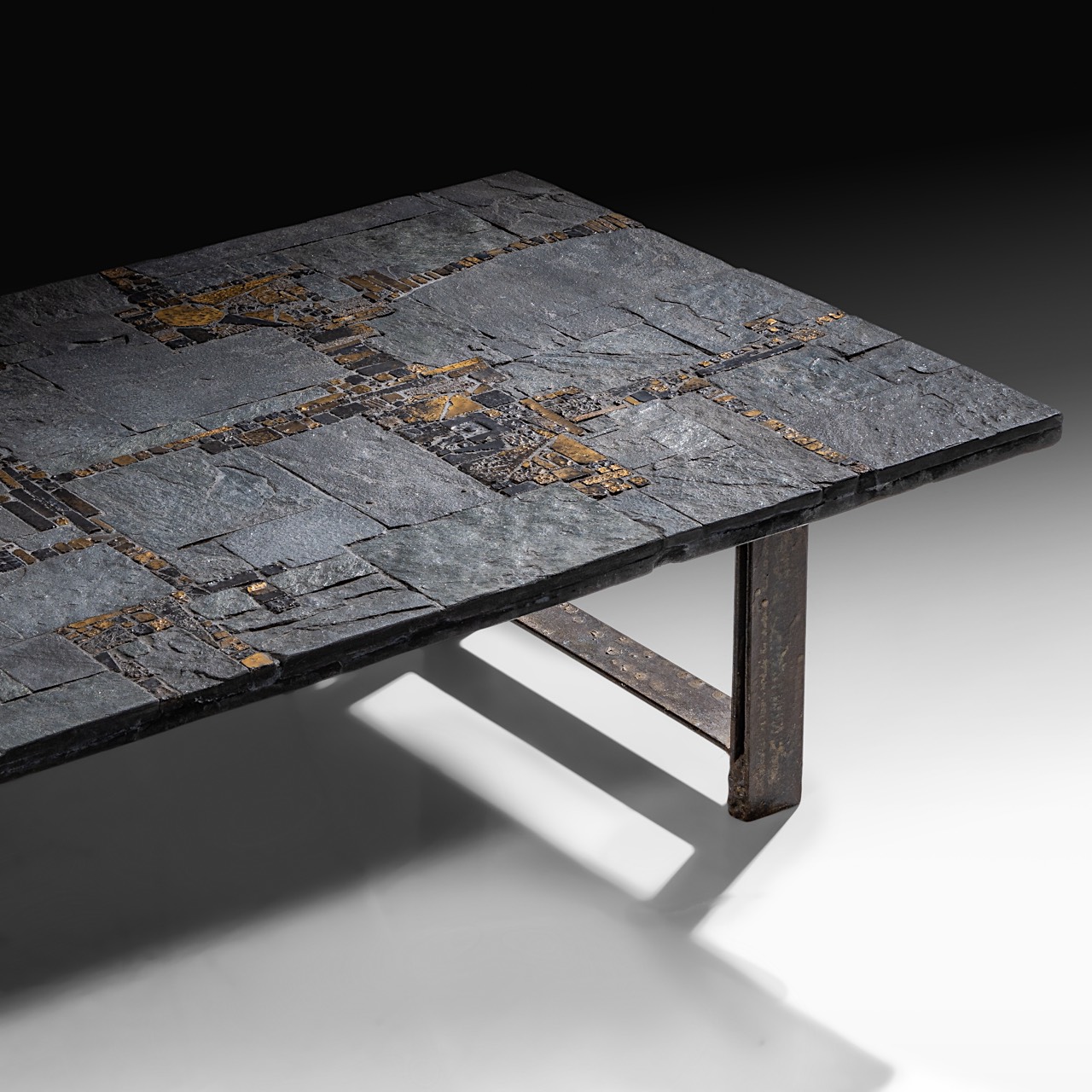 A vintage '60s Pia Manu coffee table, slate stone and gilt-glazed ceramic table top on a steel frame - Image 10 of 16