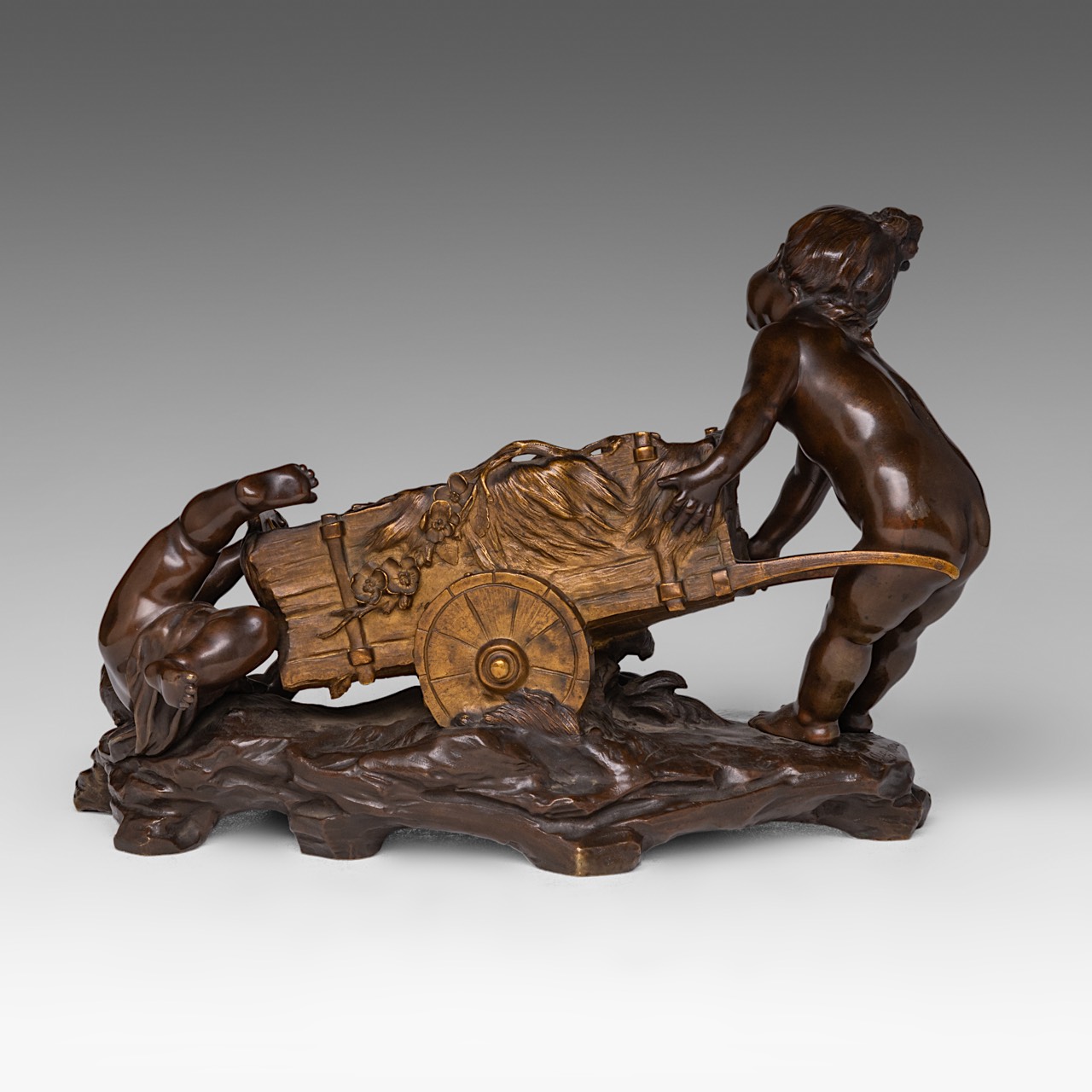 Auguste Moreau (1834-1917), two children playing with a chariot, patinated bronze plant stand, H 28 - Image 5 of 9