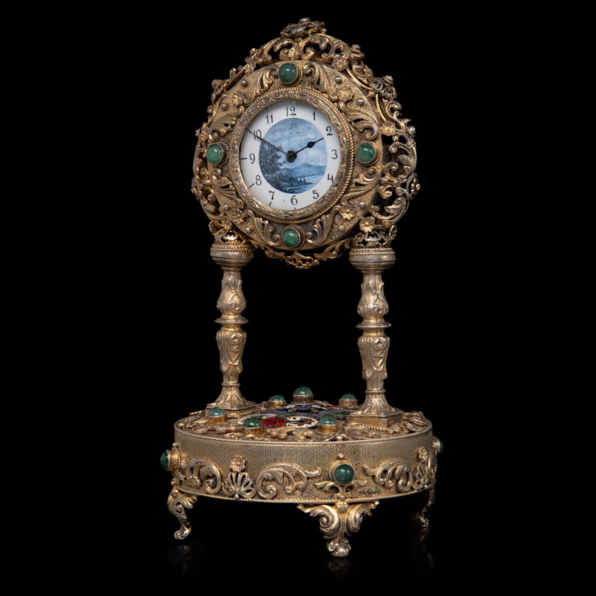 An Austrian gilt-silver and enamel clock with music box, decorated with semi-precious stones and mot - Image 2 of 7