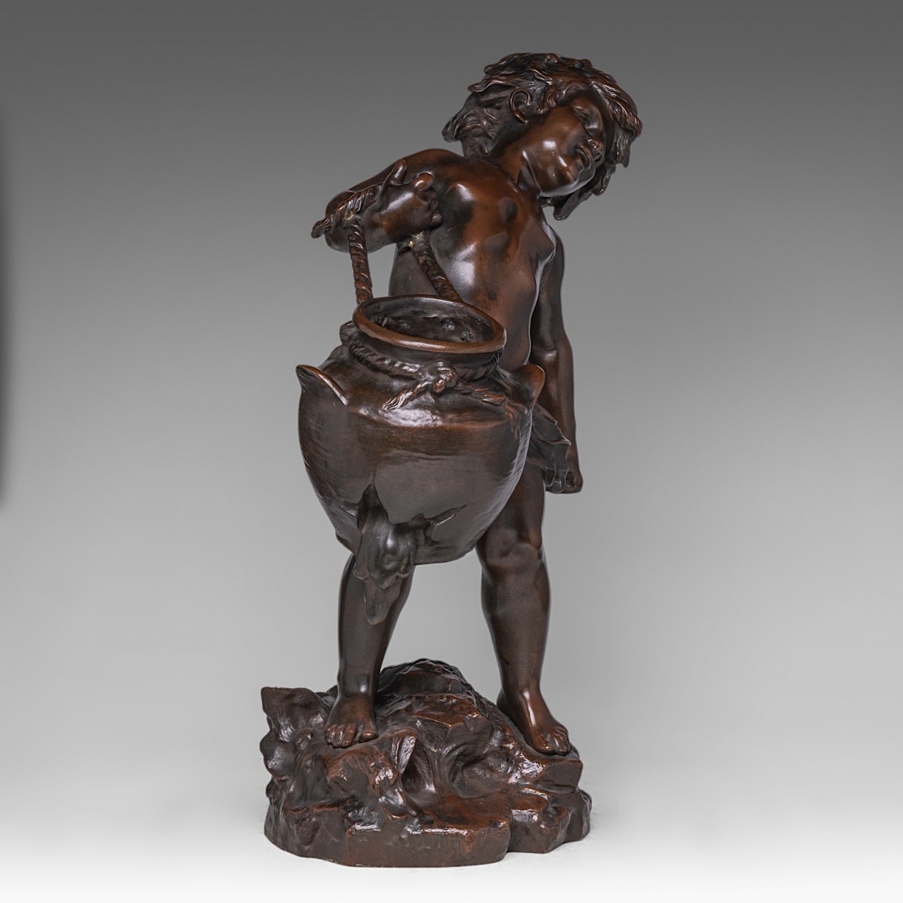 Auguste Moreau (1834-1917), boy holding a cracked jug, patinated bronze, H 55 cm - Image 5 of 7