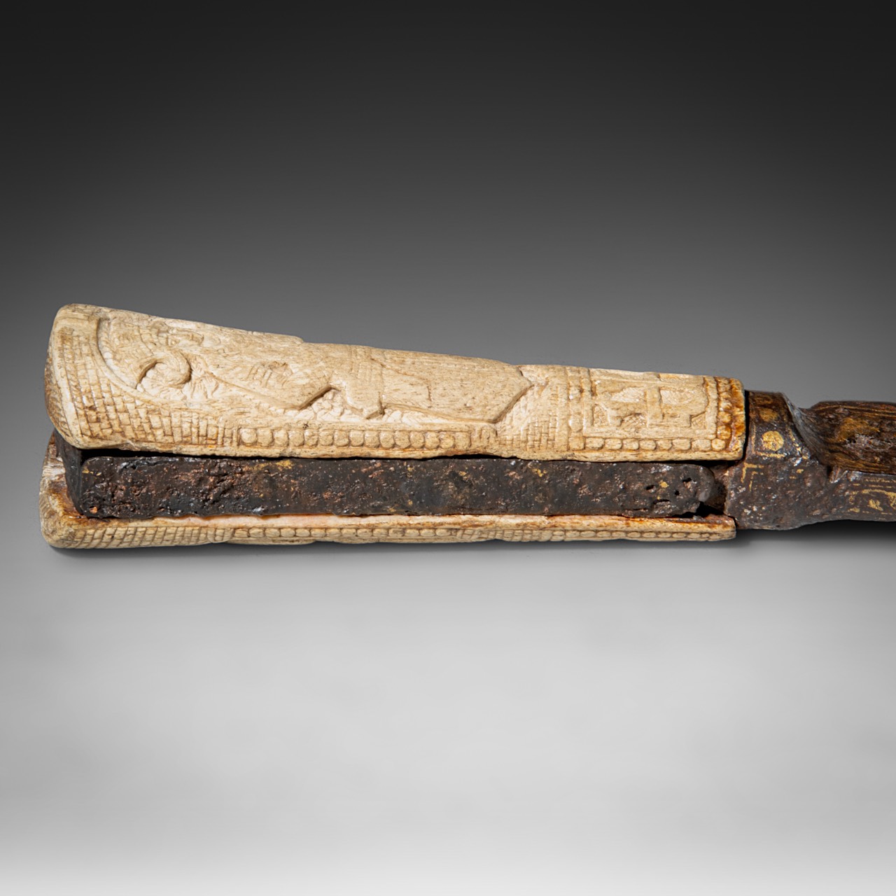 A rare, probably Byzantine dagger with a relief-cut bone handle, 12th/13thC, total L 36 cm - Image 10 of 10