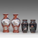 A pair of Japanese cloisonne enamelled bronze vases and a pair of Kutani vases, 20thC, H 25 cm / H 3