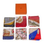 A various collection of 6 Hermes silk twill weave scarves