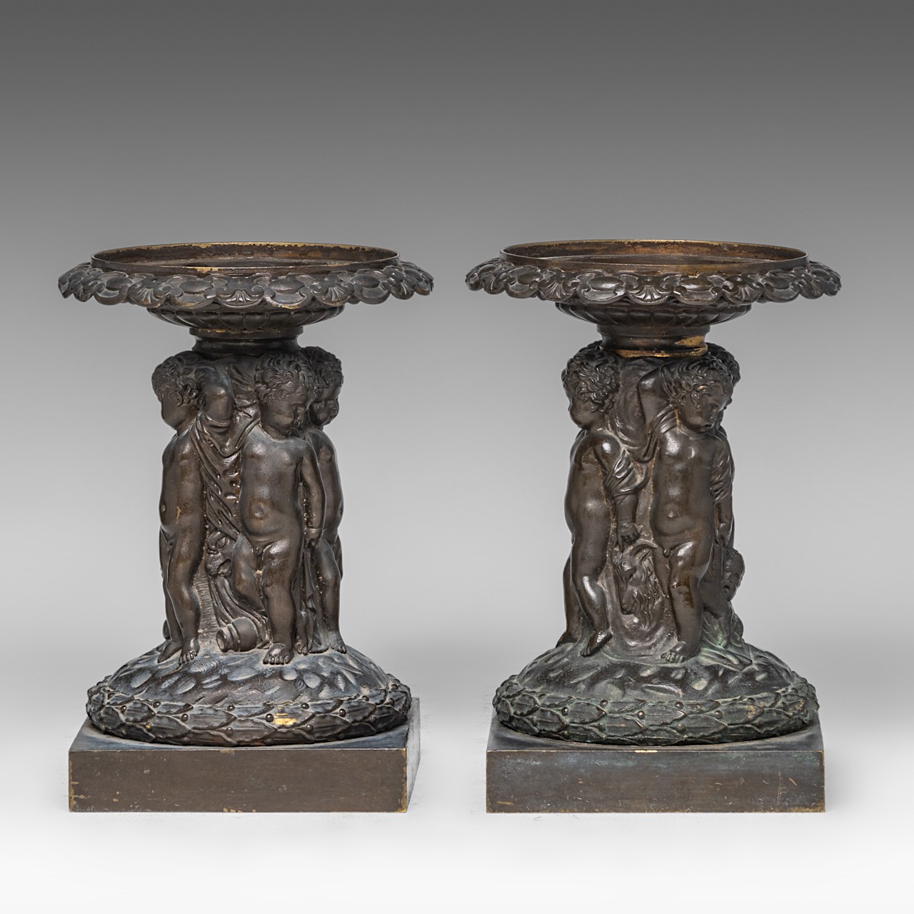 A pair of cut crystal coupes on patinated bronze figural stands, in the Wiener Werkstatte manner, H - Image 2 of 7