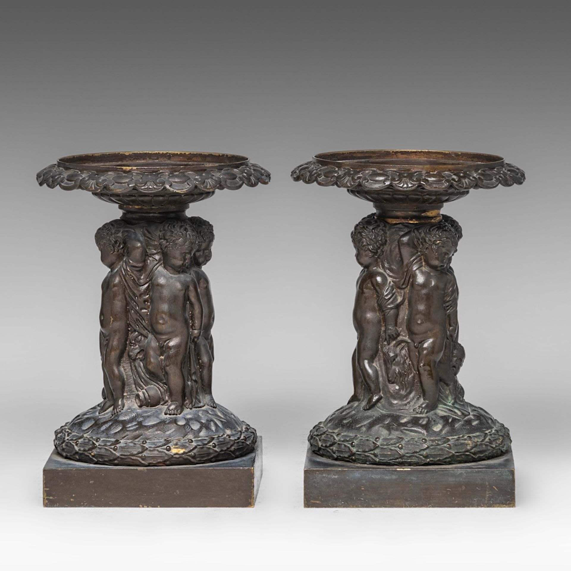 A pair of cut crystal coupes on patinated bronze figural stands, in the Wiener Werkstatte manner, H - Image 2 of 7