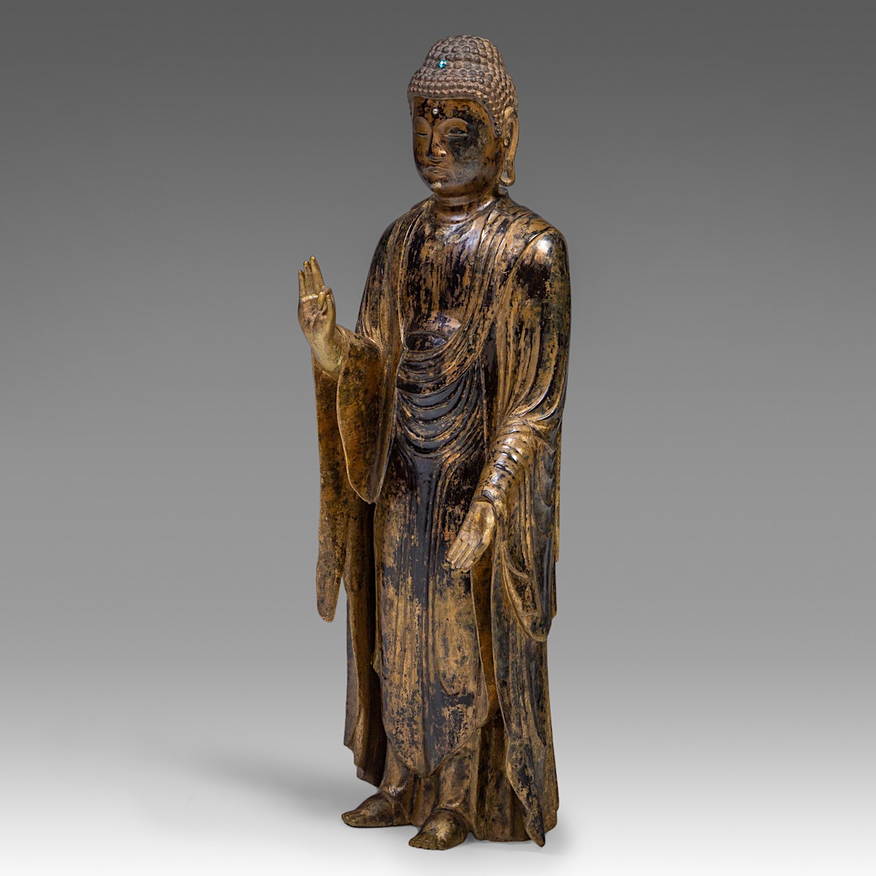 An imposing Japanese gilt lacquered standing Buddha Shakyamuni, Meiji period, H 101 cm - Image 2 of 8