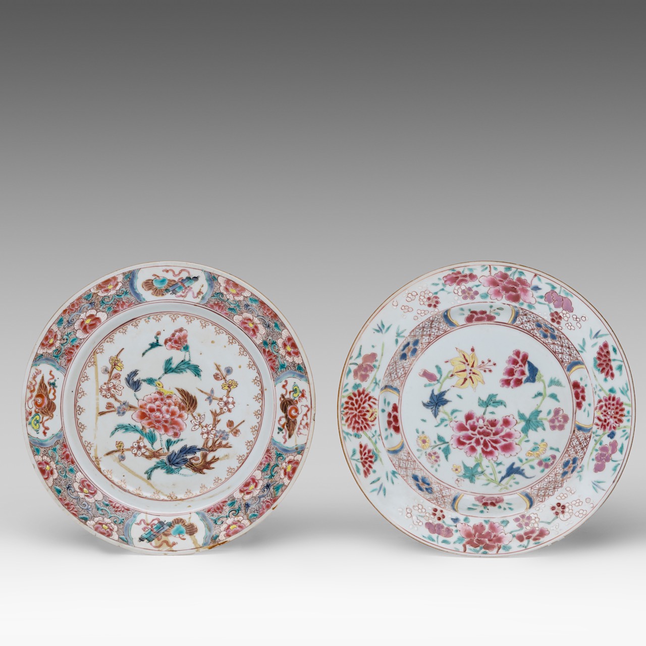 A collection of six Chinese famille rose 'Peonies' export porcelain large plates and dishes, 18thC, - Image 6 of 7