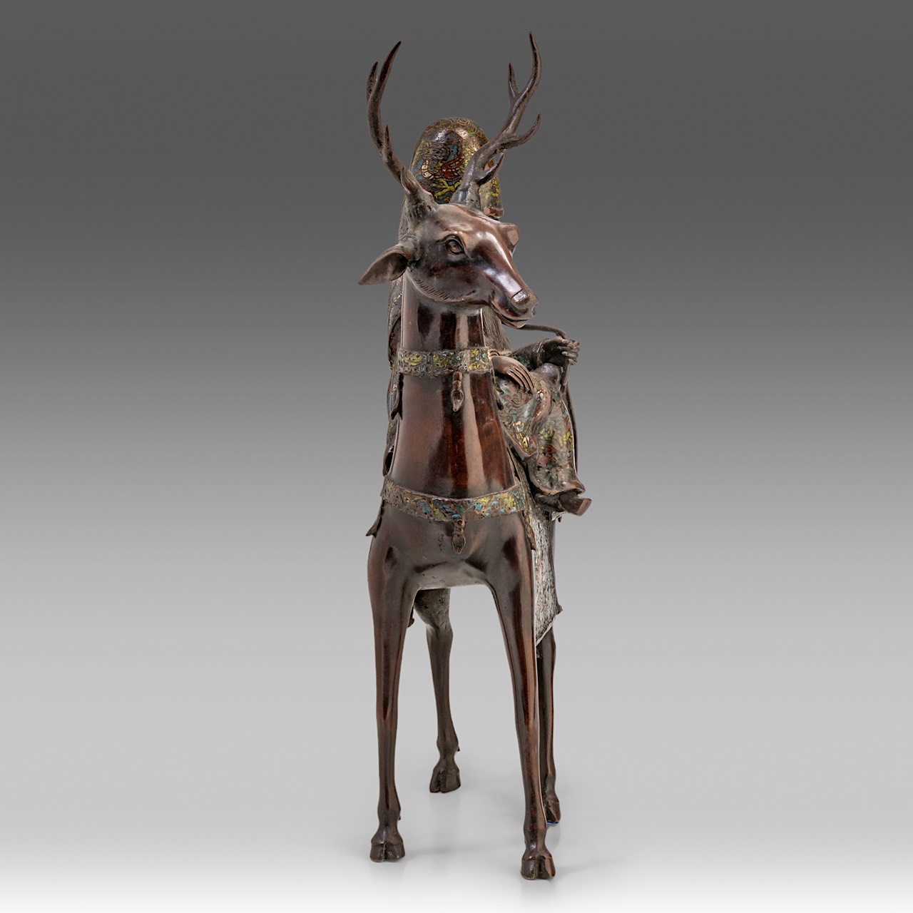 A Japanese champleve enamelled bronze statue of Fukurokuju riding a deer, late Meiji (1868-1912), H - Image 5 of 9