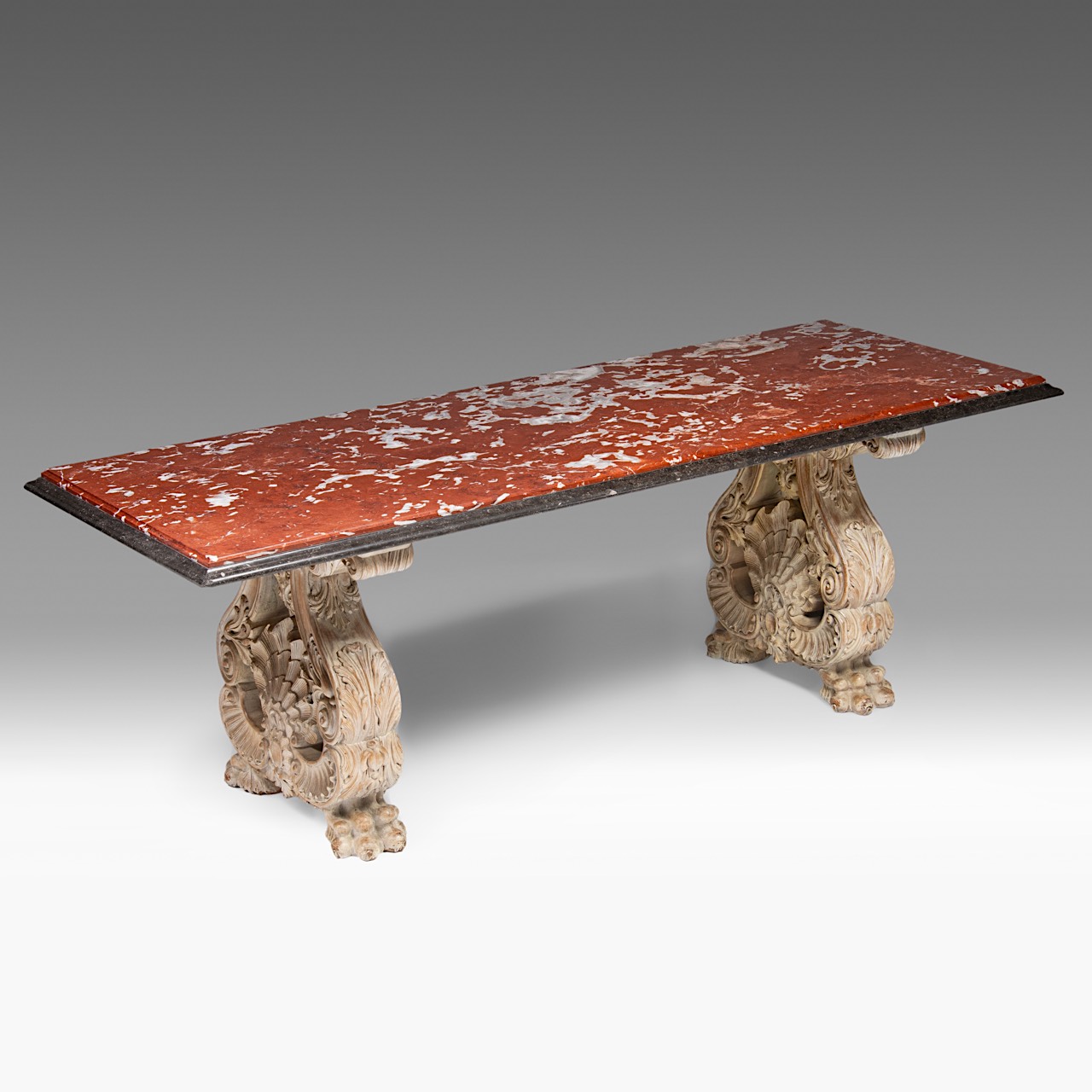 A Renaissance-style marble-topped table with sculpted wood trestles, H 76 cm - W 219 cm - D 84 cm - Image 4 of 6