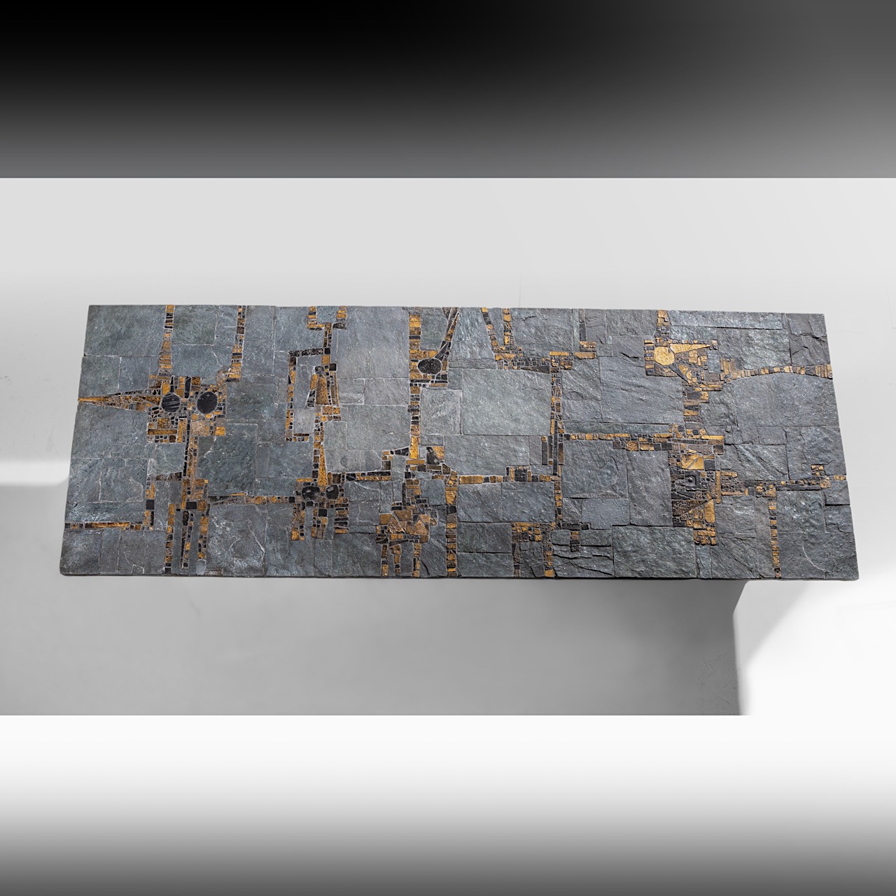 A vintage '60s Pia Manu coffee table, slate stone and gilt-glazed ceramic table top on a steel frame - Image 7 of 16