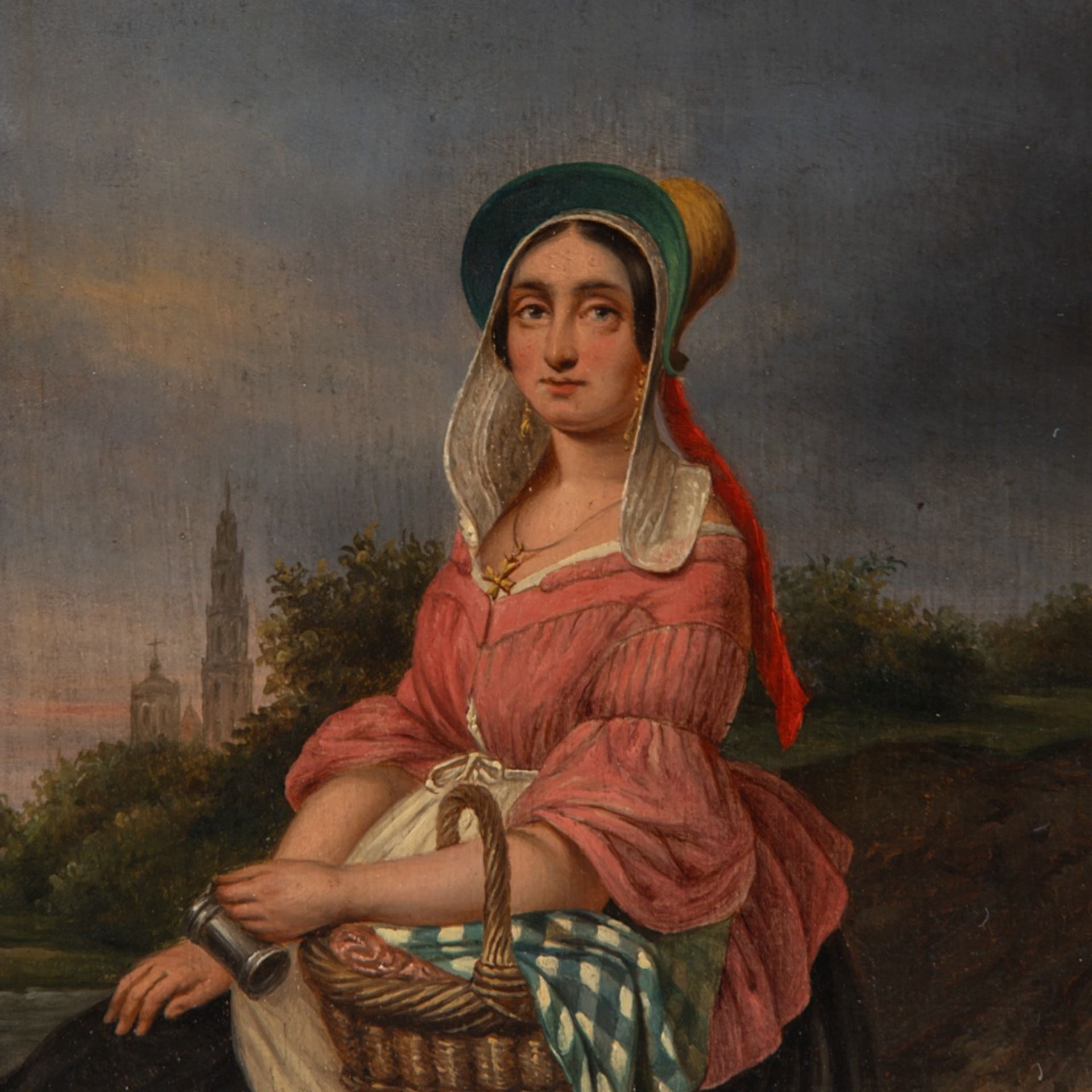 Lady with basket, German Biedermeier, ca. 1840, oil on panel 31 x 24 cm. (12.2 x 9.4 in.), Frame: 46 - Image 3 of 5