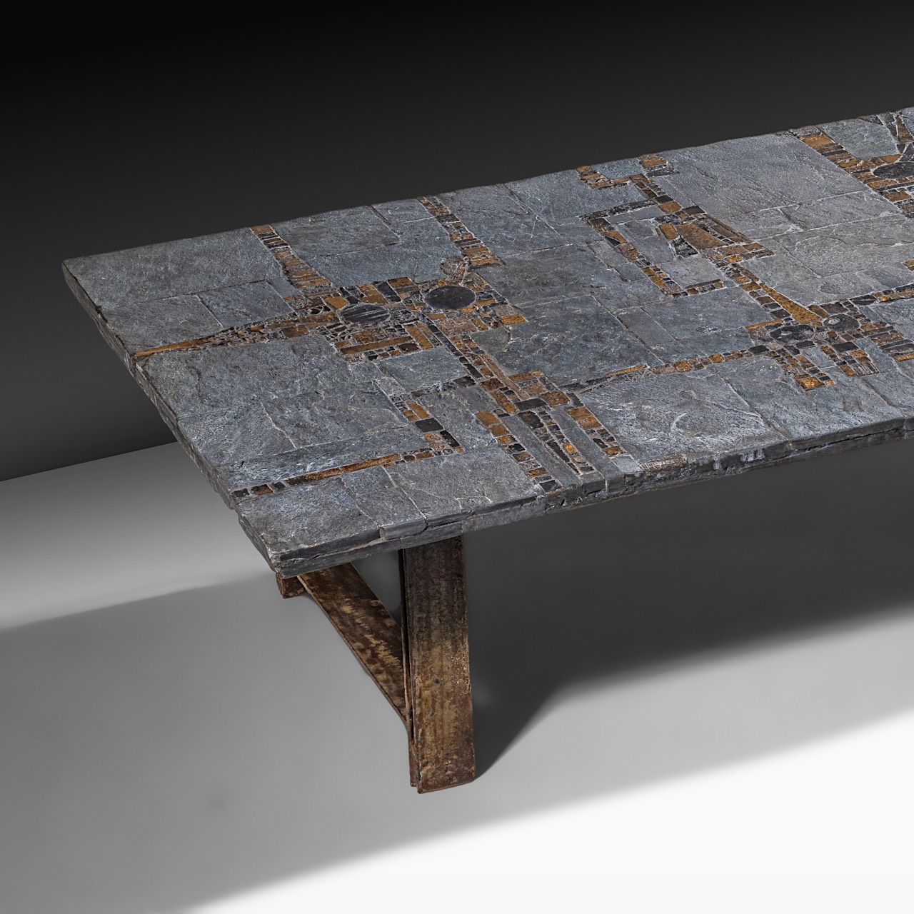 A vintage '60s Pia Manu coffee table, slate stone and gilt-glazed ceramic table top on a steel frame - Image 6 of 16