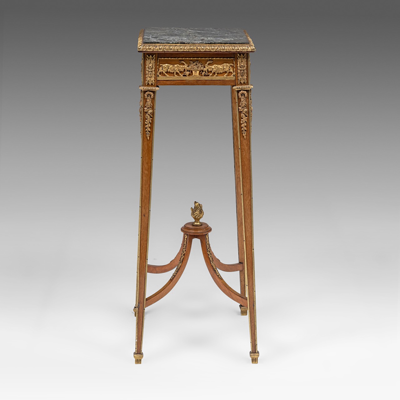 A walnut marble-topped Louis XVI-style side table with gilt bronze mounts, H 87,5 cm - W 30 cm - D 3 - Image 5 of 7