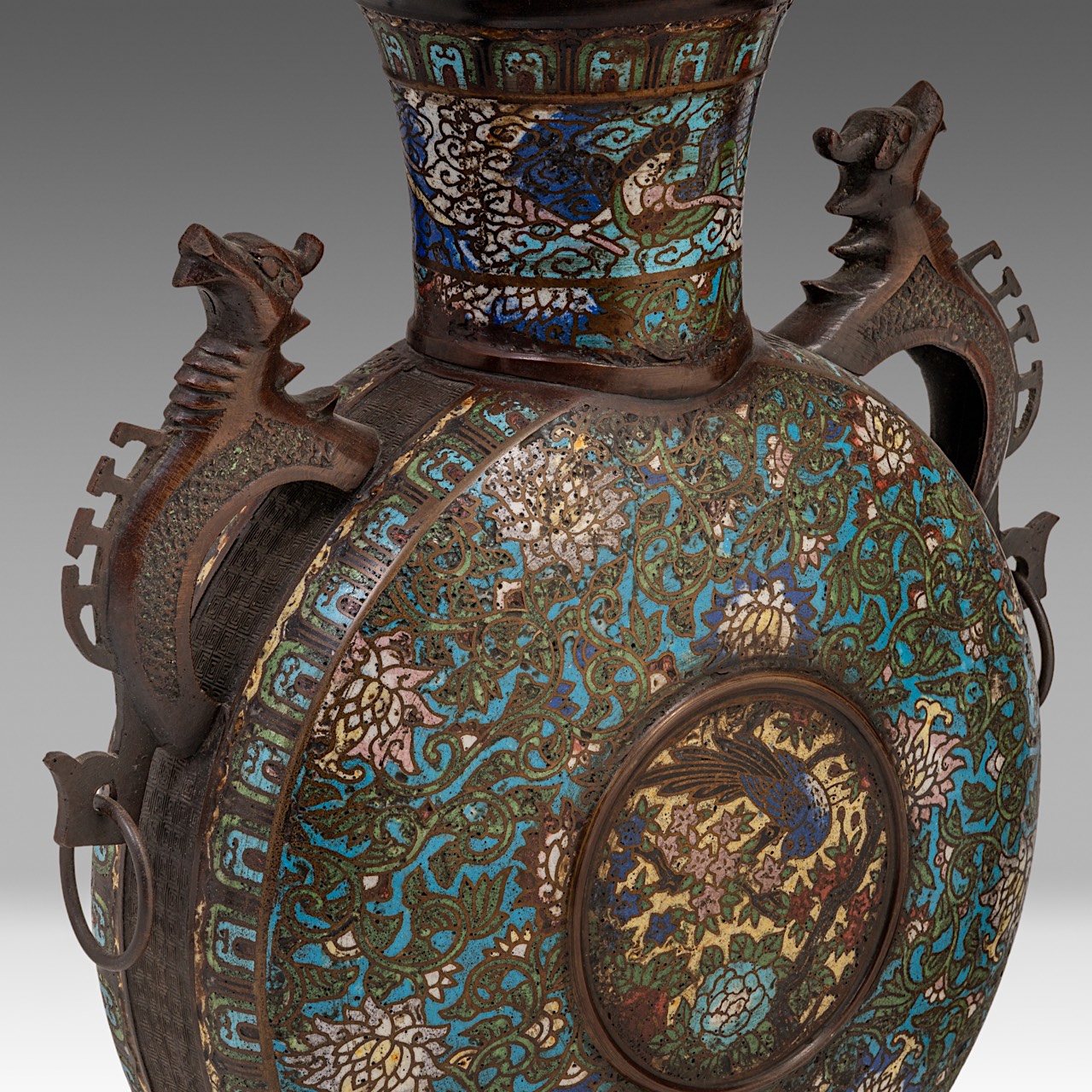A pair of Japanese champleve enamelled bronze moonflask vases, late Meiji (1868-1912), H 50 cm - Image 7 of 11