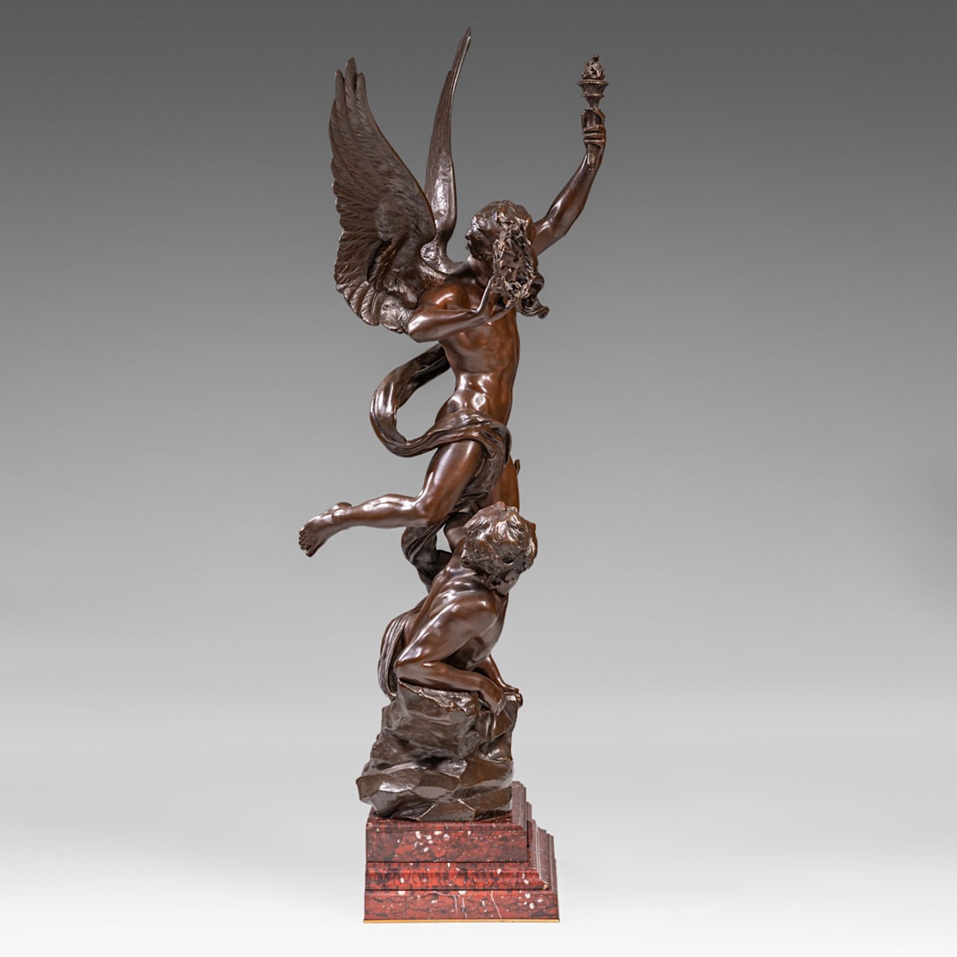 Charles Vital-Cornu (1851/53-1927), 'Le Reveil du Genie', patinated bronze on a Griotte marble base, - Bild 5 aus 11
