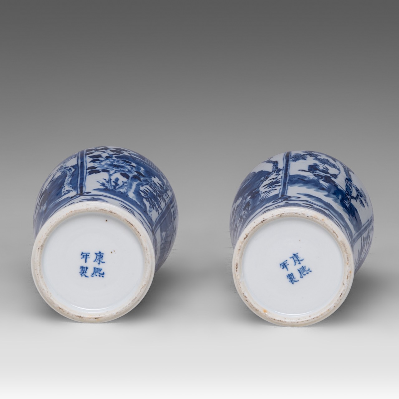 A near pair of Chinese blue and white 'Li Tieguai' lidded vases, with a Kangxi mark, 19thC, Total H - Image 6 of 8