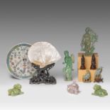 A collection of ten Chinese mineral carvings and a porcelain plate, incl. a carved mother-of-pearl s