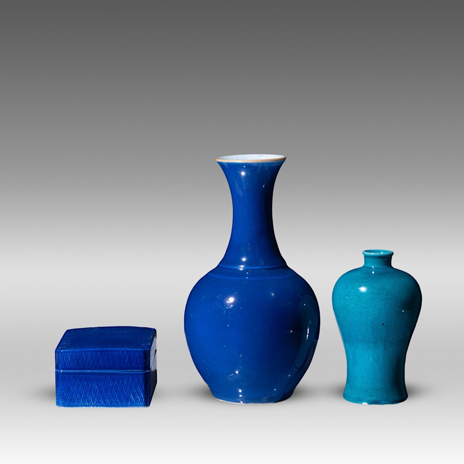A small collection of three monochrome blue glazed porcelain ware, Qianlong period and late Qing, Ta - Image 5 of 8