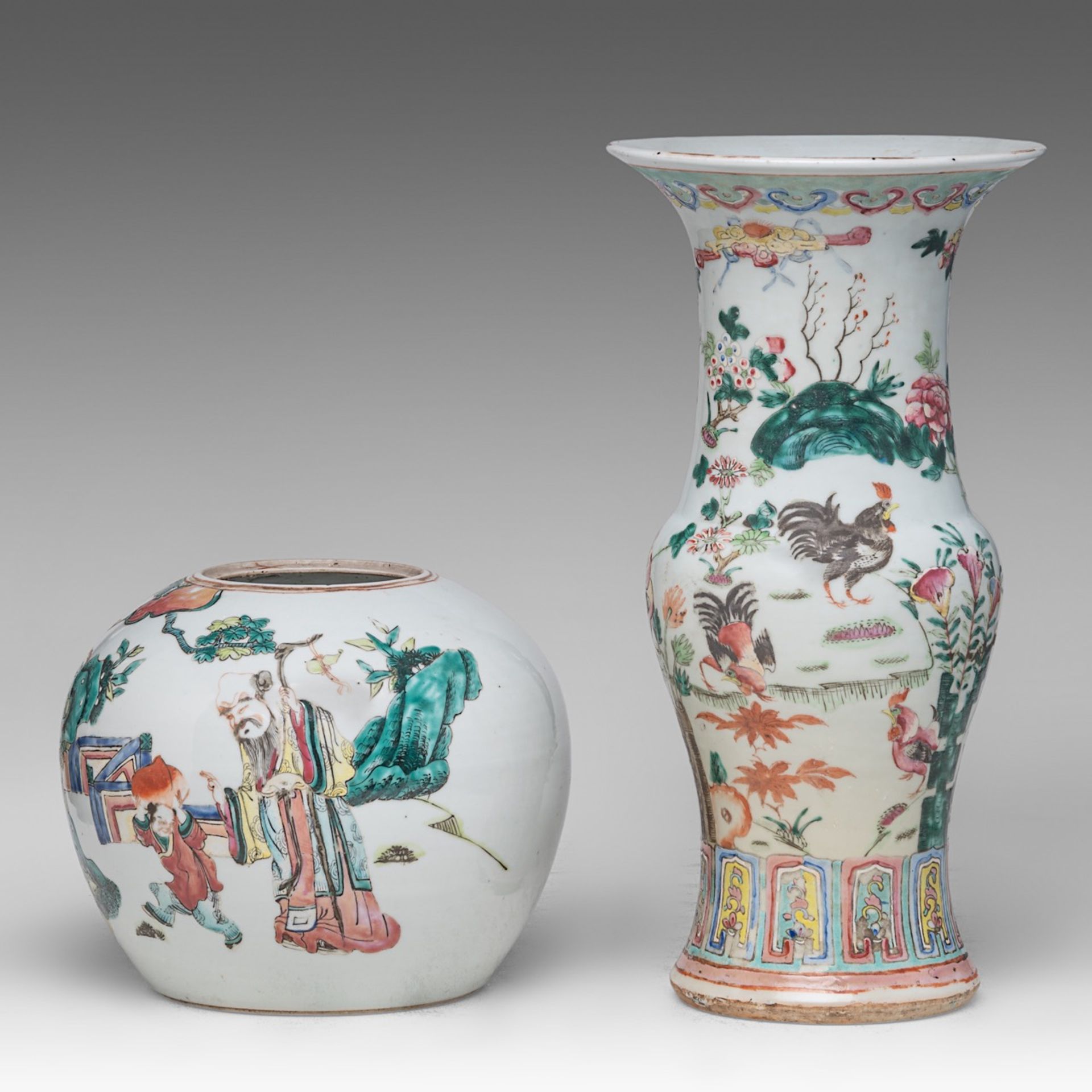 A Chinese famille rose 'Immortals' ginger jar, late 19thC, H 19 cm - and a famille rose 'Cockerels' - Image 2 of 6