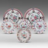 A collection of six Chinese famille rose 'Peonies' export porcelain large plates and dishes, 18thC,
