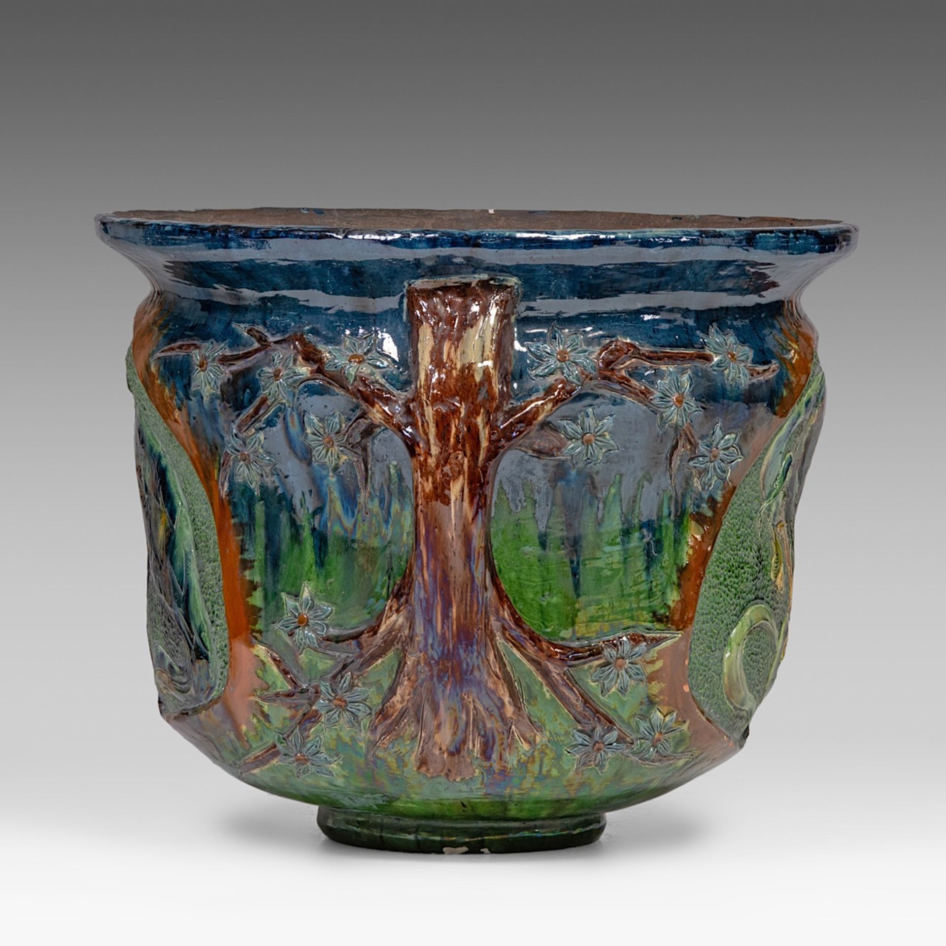 An imposing Art Nouveau polychrome earthenware cachepot on stand by the Caesens pottery manufactory, - Image 10 of 19
