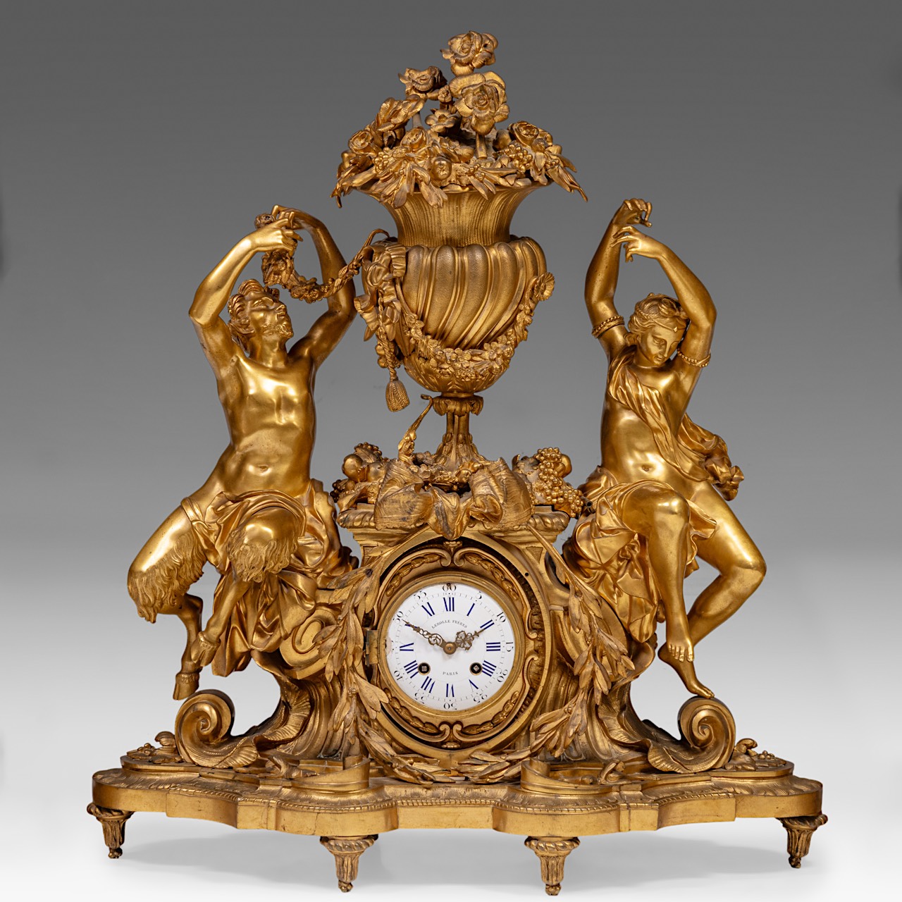 An imposing three-piece Napoleon III gilt bronze mantle clock, Lerolle Freres, Paris, H 70 - 82 cm - Image 5 of 12