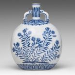 A Chinese blue and white 'Carnation and Aster' moon flask, paired with arched scroll handles, H 29,5