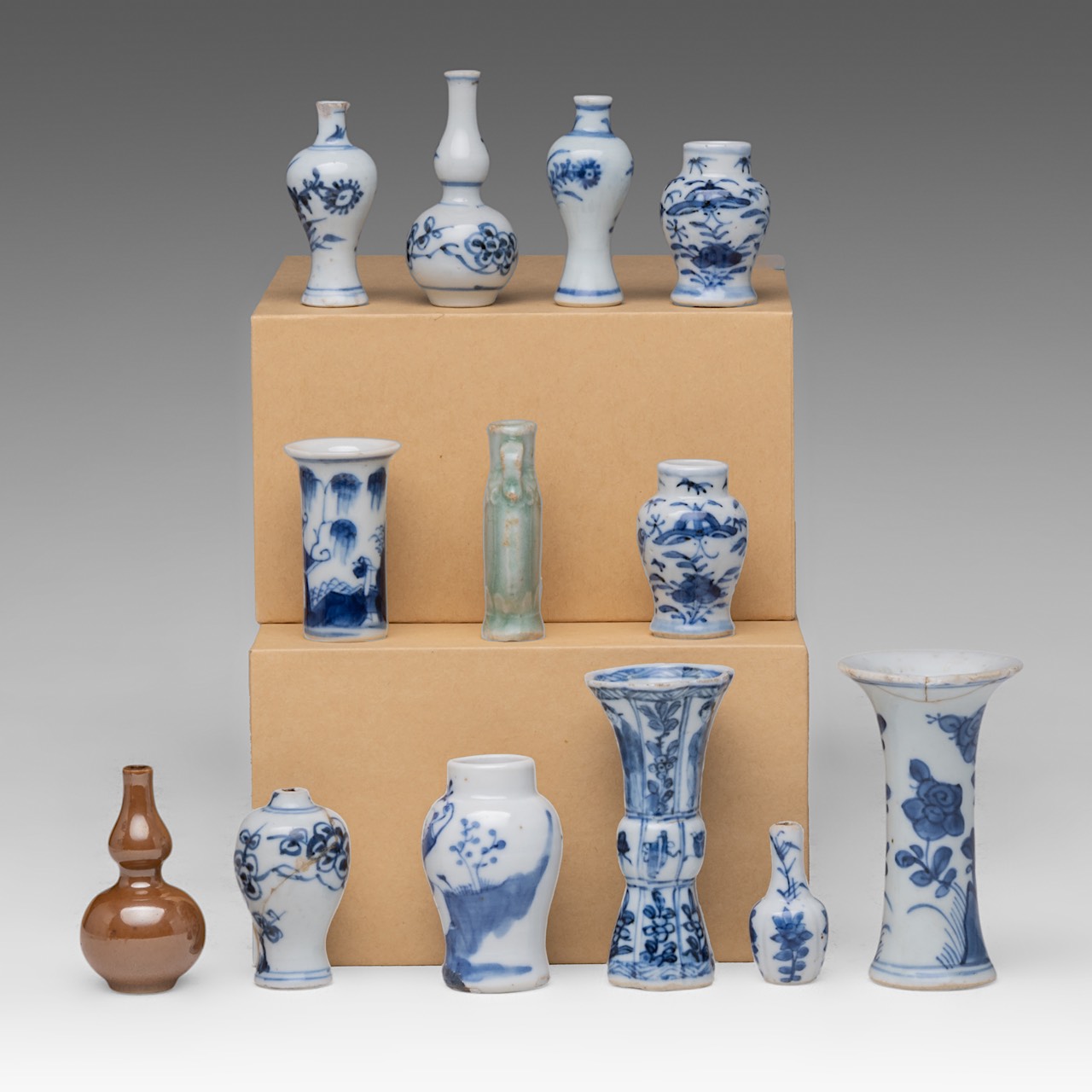 A collection of thirteen Chinese miniature vases and bottles, mainly blue and white and of Kangxi pe - Image 2 of 10