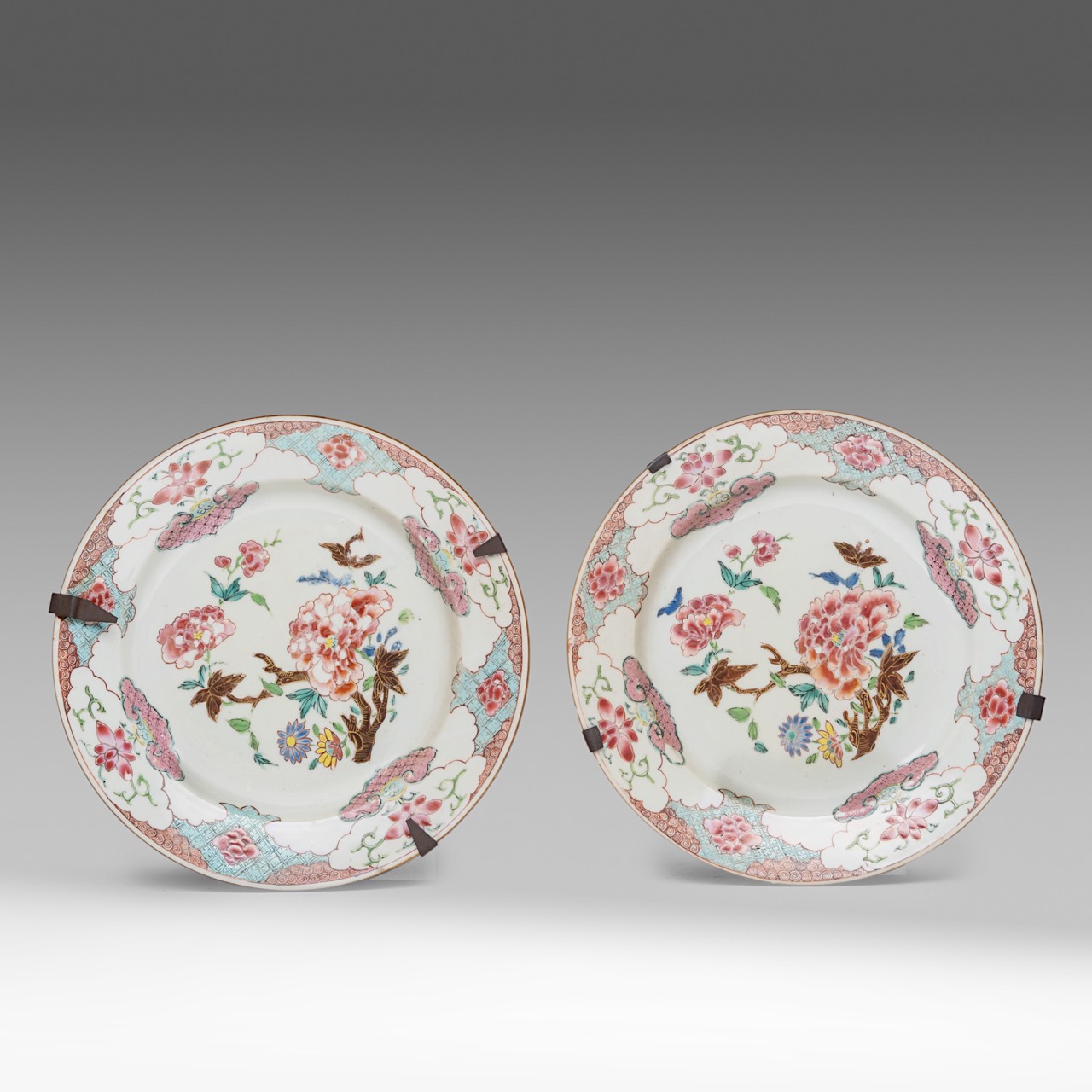 A series of five Chinese famille rose 'Peony' dishes, 18thC, dia 22 cm - added two cafe-au-lait and - Image 4 of 15