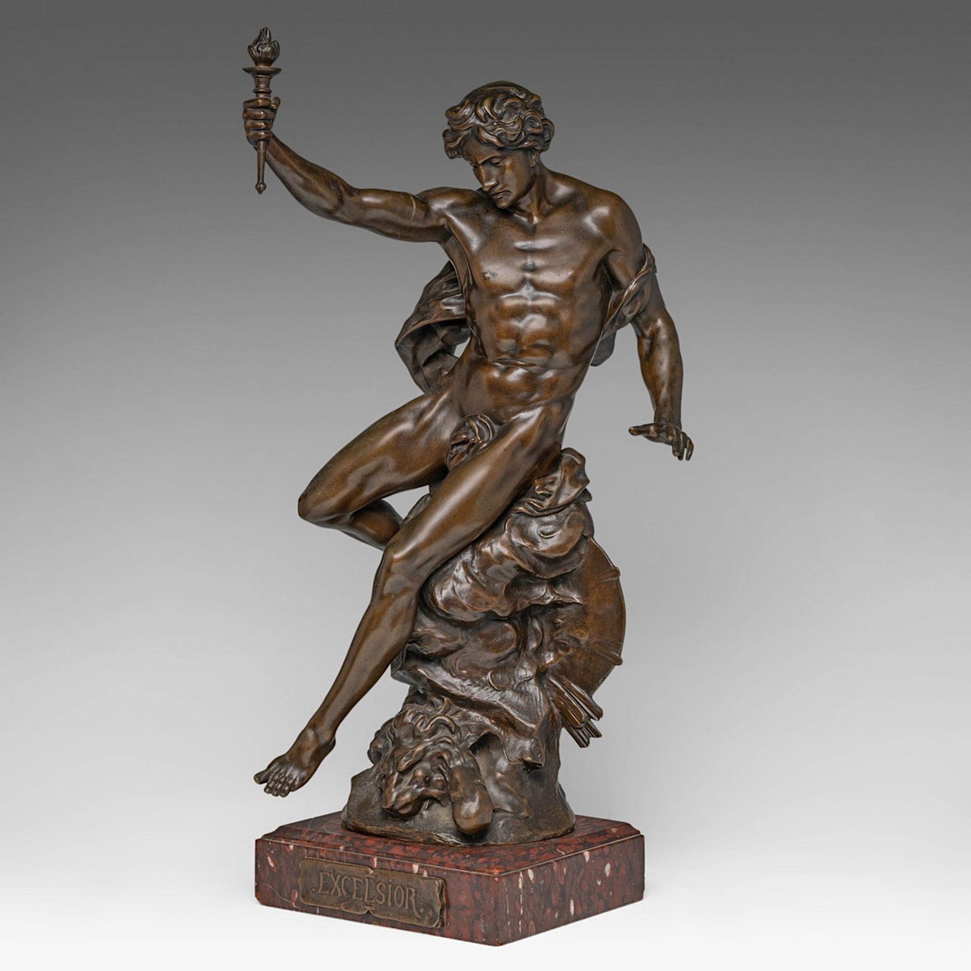 Emile Louis Picault (1833-1915), 'Excelsior', patinated bronze, H 61 cm - Bild 2 aus 8