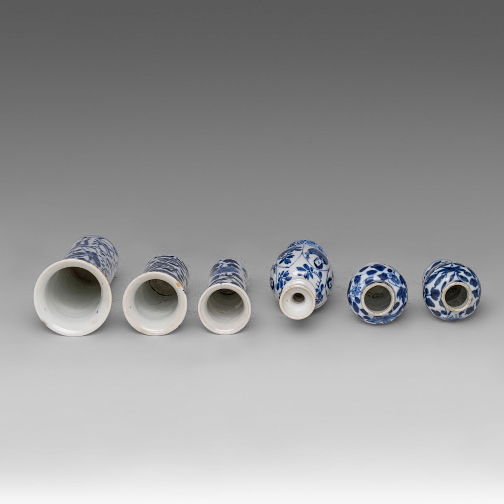 A Chinese blue and white 'Long Elisa' miniature vase, Kangxi period, H 11 cm - added an assembled fi - Image 6 of 9