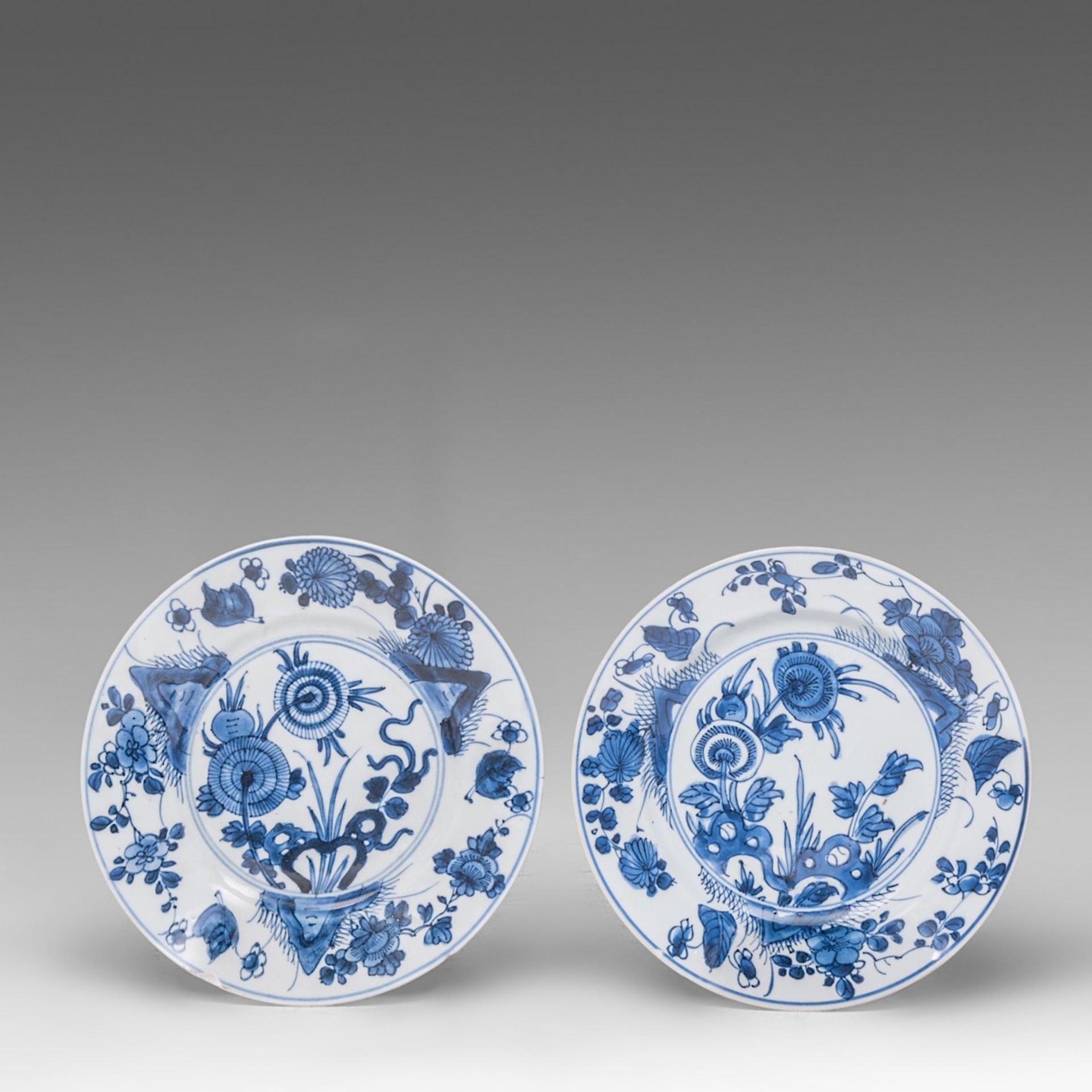 A Chinese blue and white 'Peony Scroll' plate, Kangxi period, dia 35 cm - added a series of four flo - Image 6 of 7