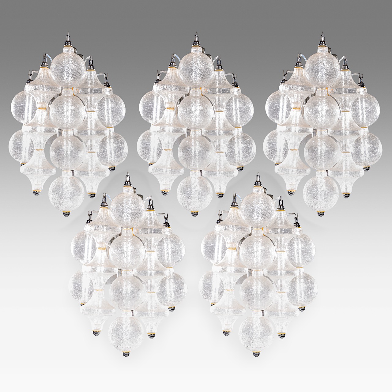 A set of five '60s design Murano glass 'Tulipan' appliques by J.T. Kalmar, H 42 cm