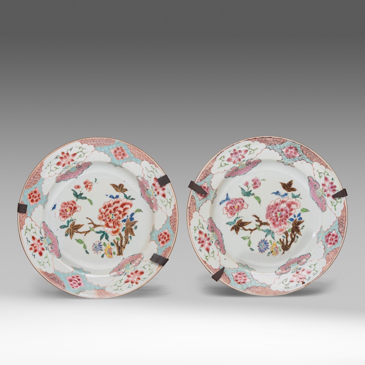 A series of five Chinese famille rose 'Peony' dishes, 18thC, dia 22 cm - added two cafe-au-lait and - Image 2 of 15