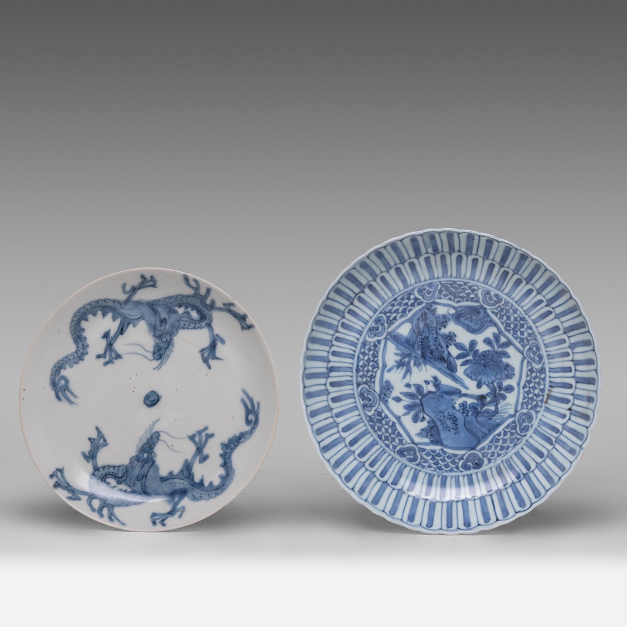 A small collection of Chinese blue and white dishes, including a 'Dragon' plate, Ming dynasty, and K - Image 2 of 5