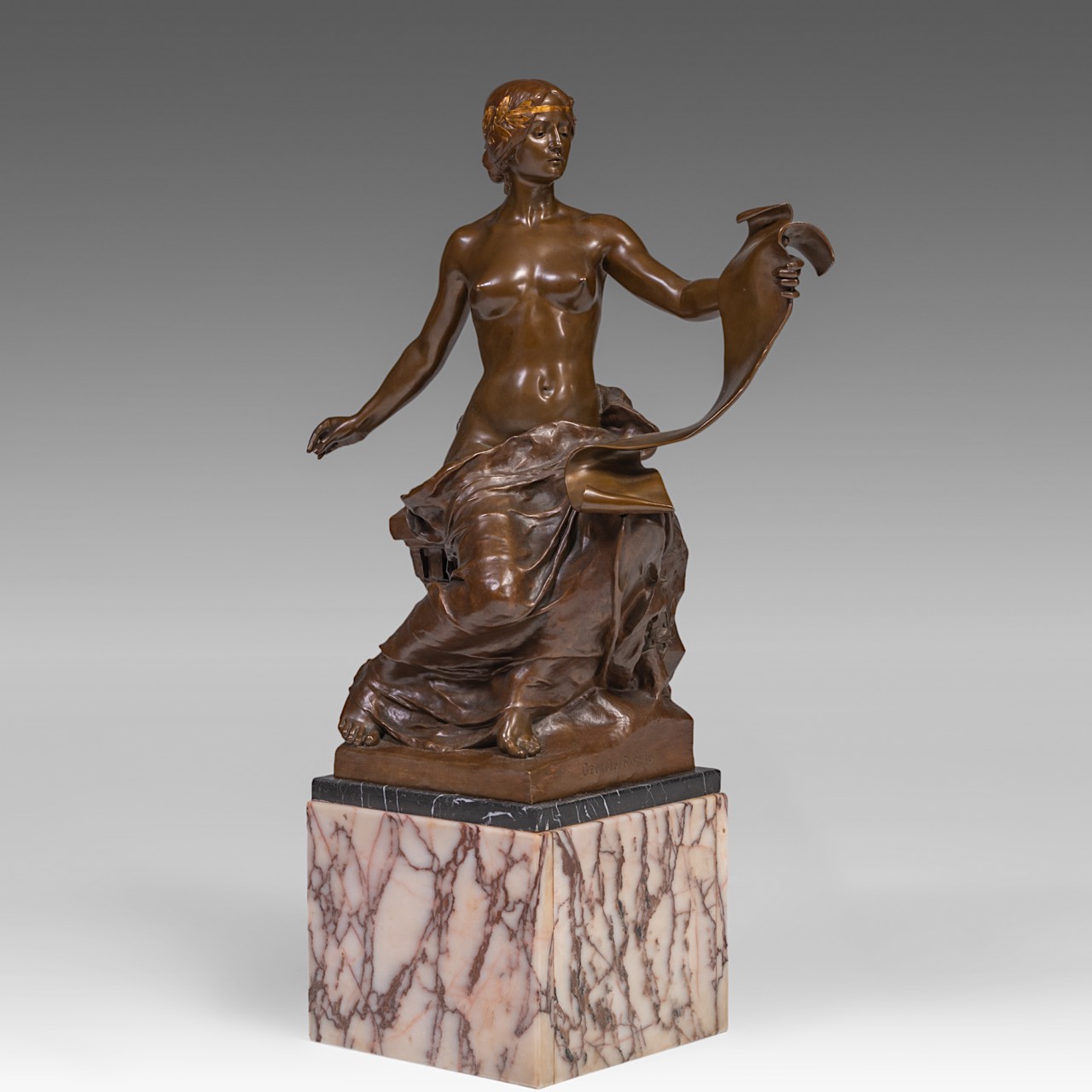 Georges Bareau (1866-1931), 'Allegory of History', patined and gilt bronze, casted by Barbedienne, H - Image 2 of 11
