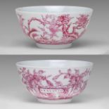 Two Chinese bowls enamelled in puce, 'Fruiting Pomegranate' and 'Magpies and Peonies', Guangxu mark