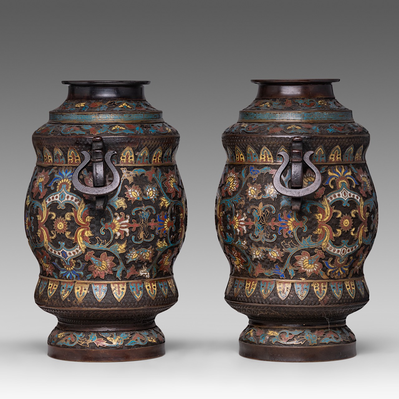 A pair of Japanese champleve enamelled bronze 'Scrolling Lotus' vases, paired with stylised dragon h - Image 2 of 6