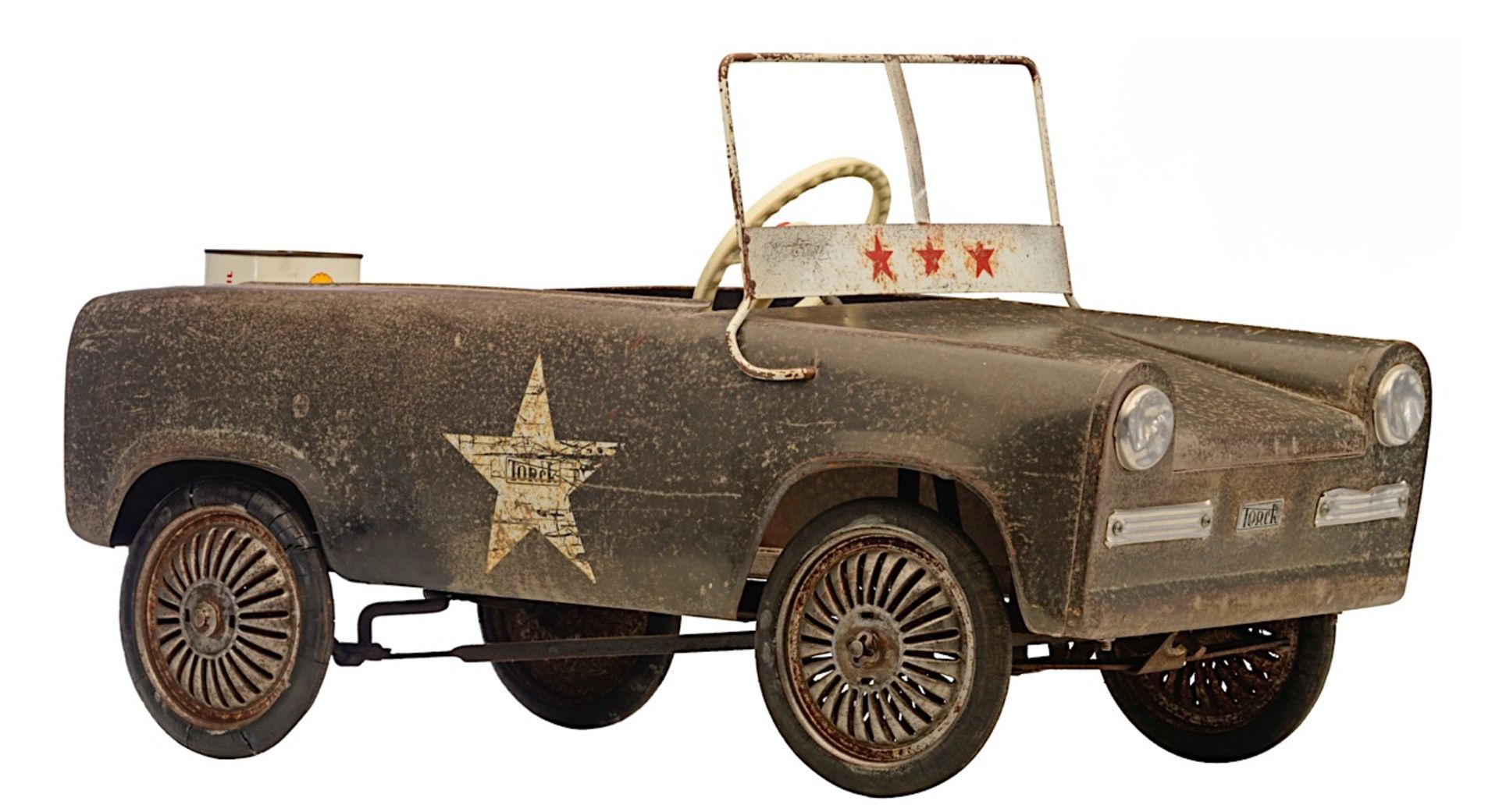 A rare Torck 'Patton' khaki army Willys Jeep metal pedal car, 1967-1968, 46 x 41,5 x 92 cm