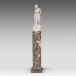 A Carrara marble sculpture of the bathing Venus, on a Breche d'Alep marble column, H 170 cm (total)