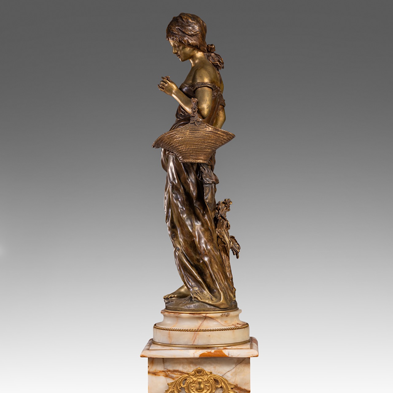 Auguste Moreau (1834-1917), lady with flower basket, patinated bronze on a Neoclassical onyx pedesta - Image 7 of 14