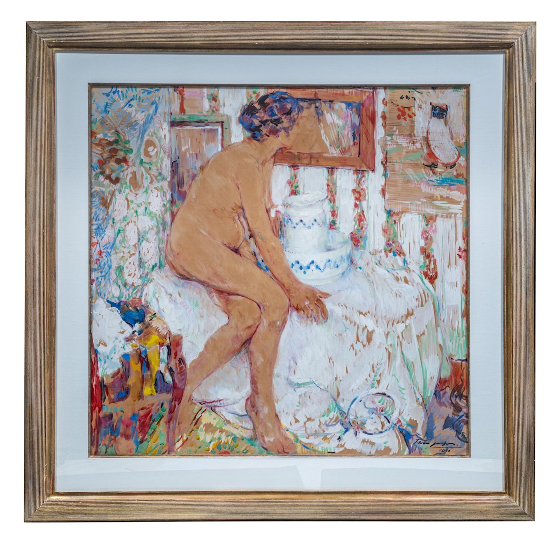Floris Jespers (1889-1965), female nude sitting in an interior, 1915, watercolour and gouache on pap - Bild 2 aus 6