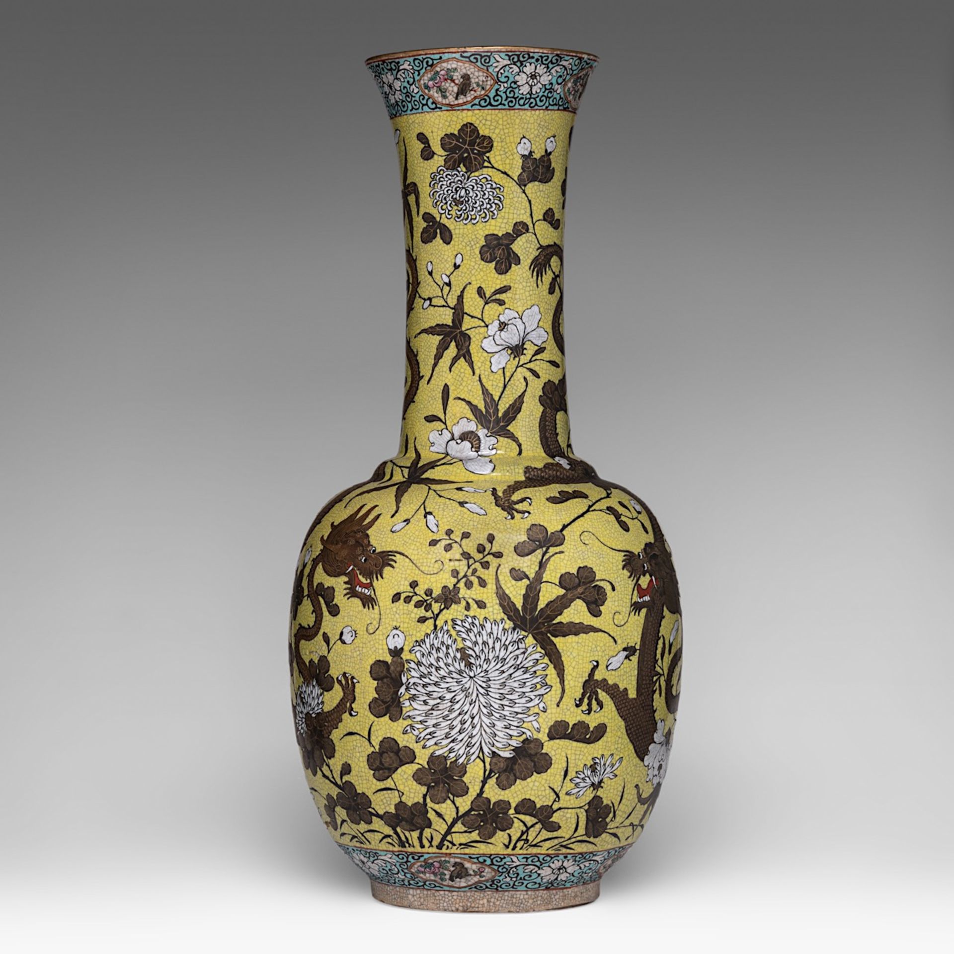 A Chinese Dayazhai-style 'Dragons amongst chrysanthemum' bottle vase, marked, Republic period, H 58 - Image 2 of 6