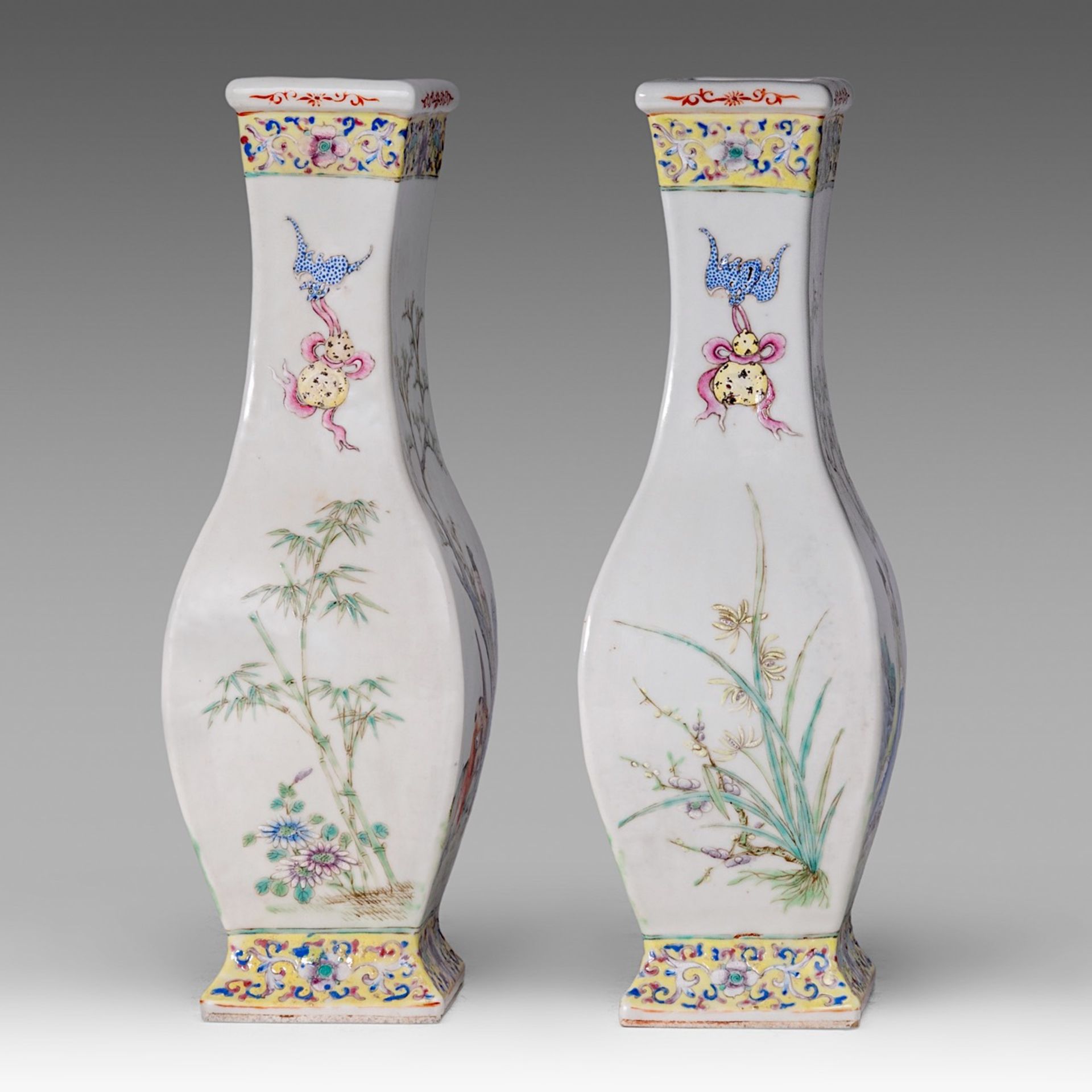 A pair of Chinese famille rose 'Scholar and Pupil boy' fanghu vases, with a Qianlong mark, Republic - Image 4 of 6