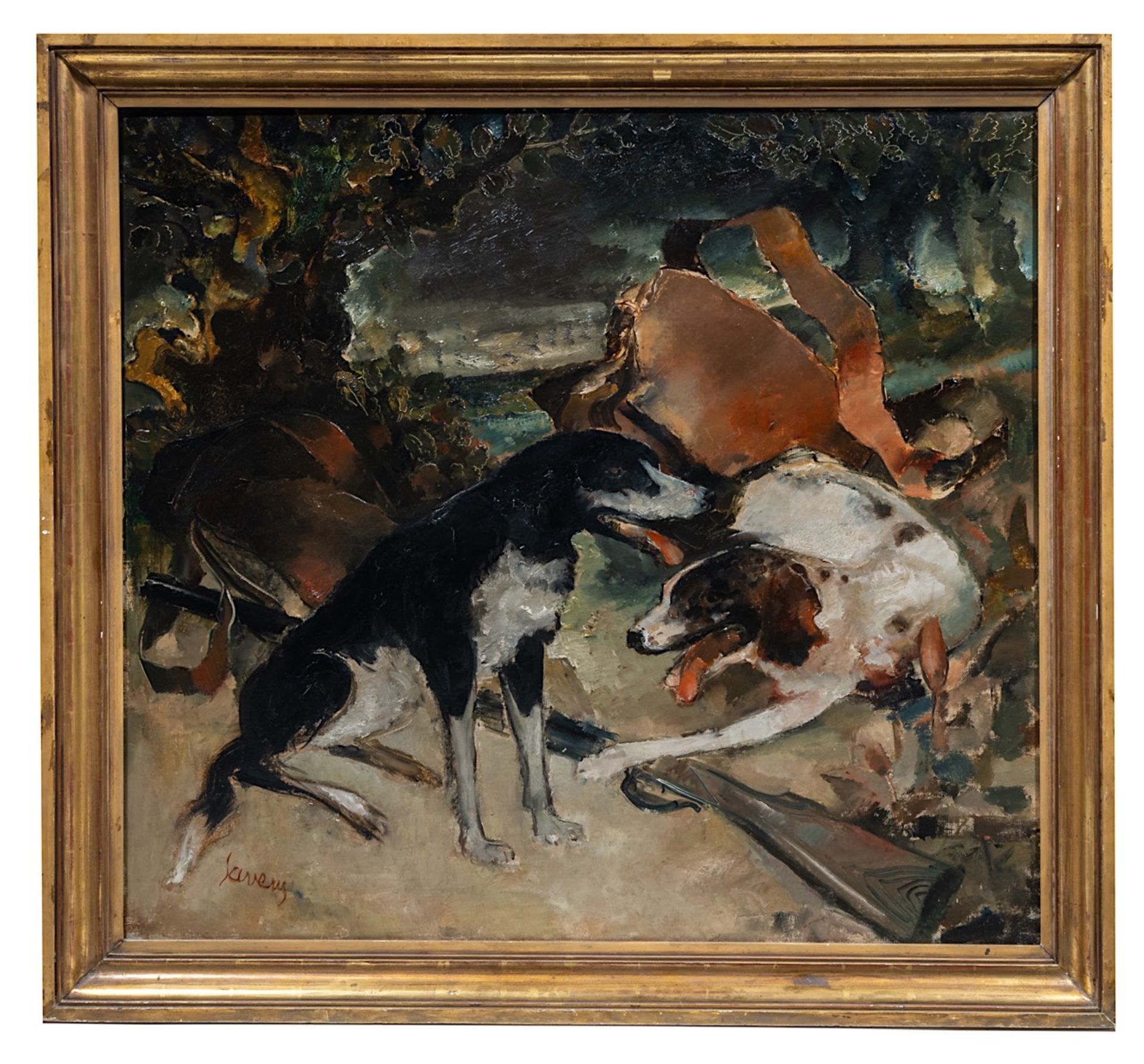 Albert Saverys (1886-1964), hunting dogs, oil canvas 100 x 110 cm. (39.3 x 43.3 in.), Frame: 116 x 1 - Image 2 of 6