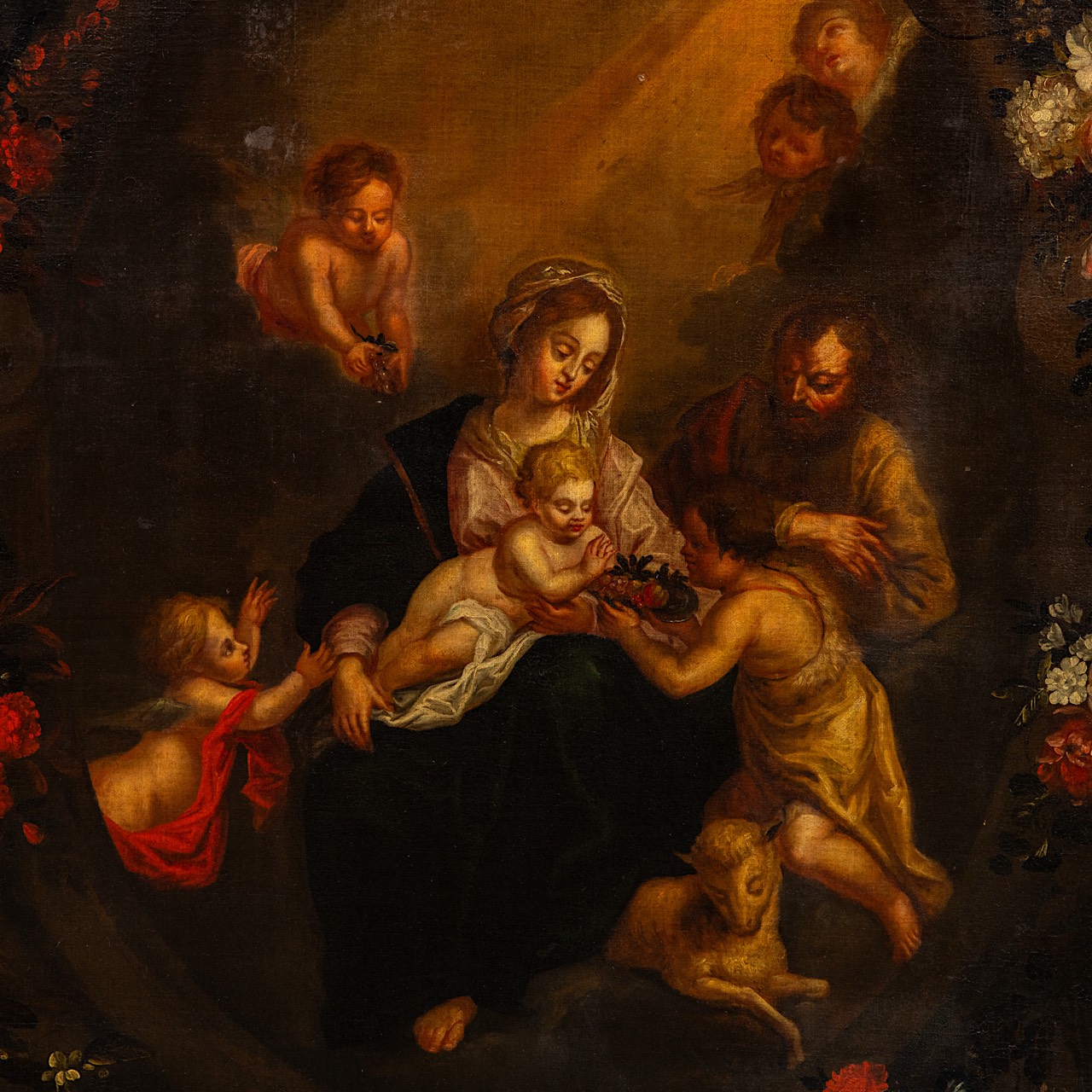 The Holy Family in a flower wreath, 17thC, Flemish School, oil on canvas 195 x 138 cm. (76.7 x 54.3 - Image 4 of 10
