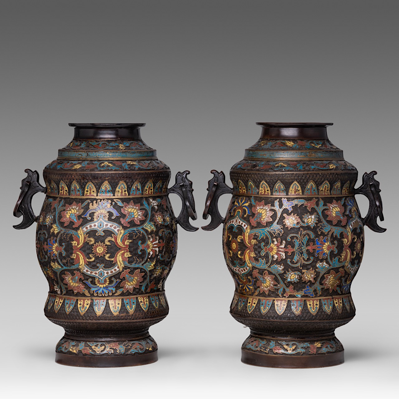 A pair of Japanese champleve enamelled bronze 'Scrolling Lotus' vases, paired with stylised dragon h - Image 3 of 6