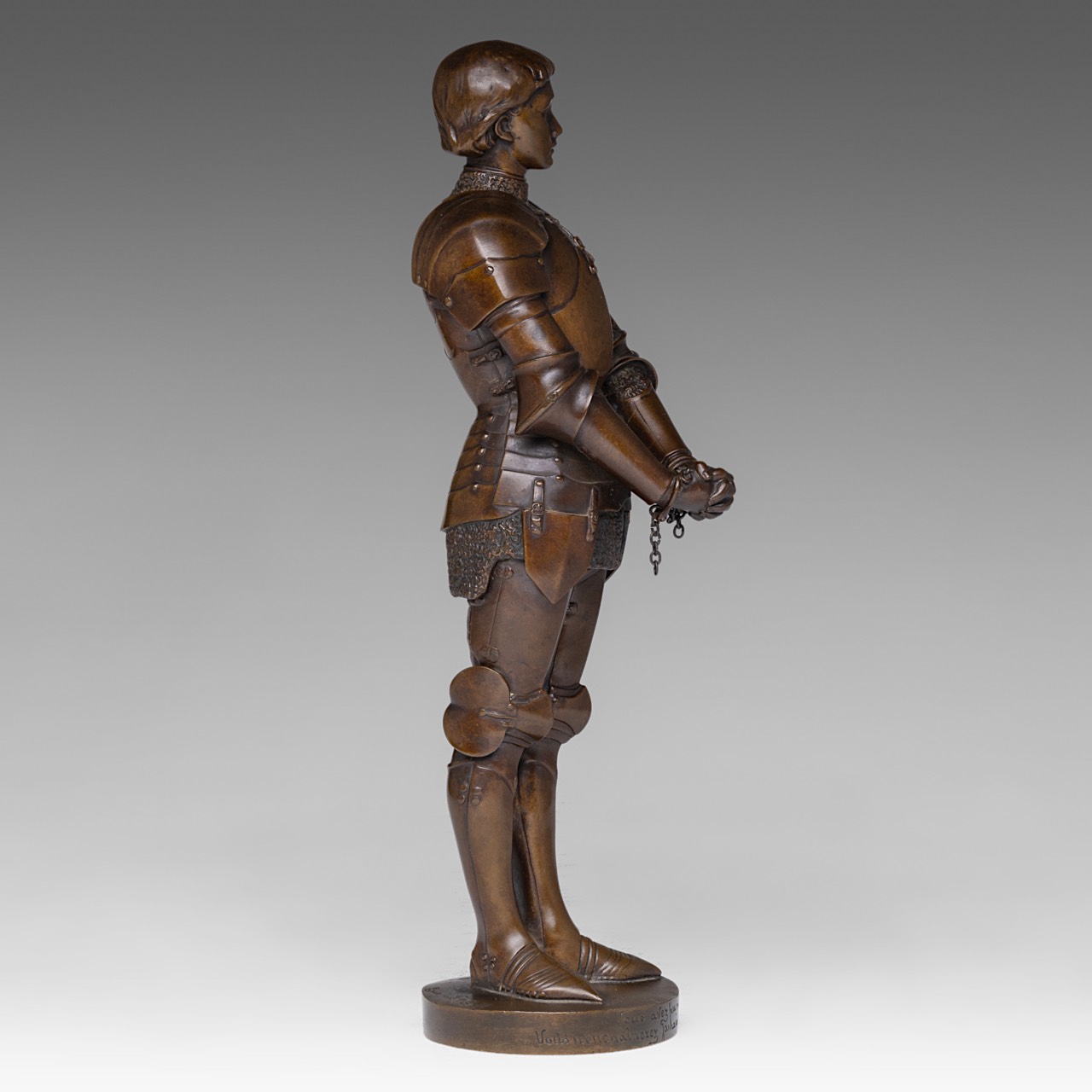 Louis Ernest Barrias (1841-1905), Jeanne d'Arc, patinated bronze, Susse Freres edition, H 31 cm - Image 6 of 11