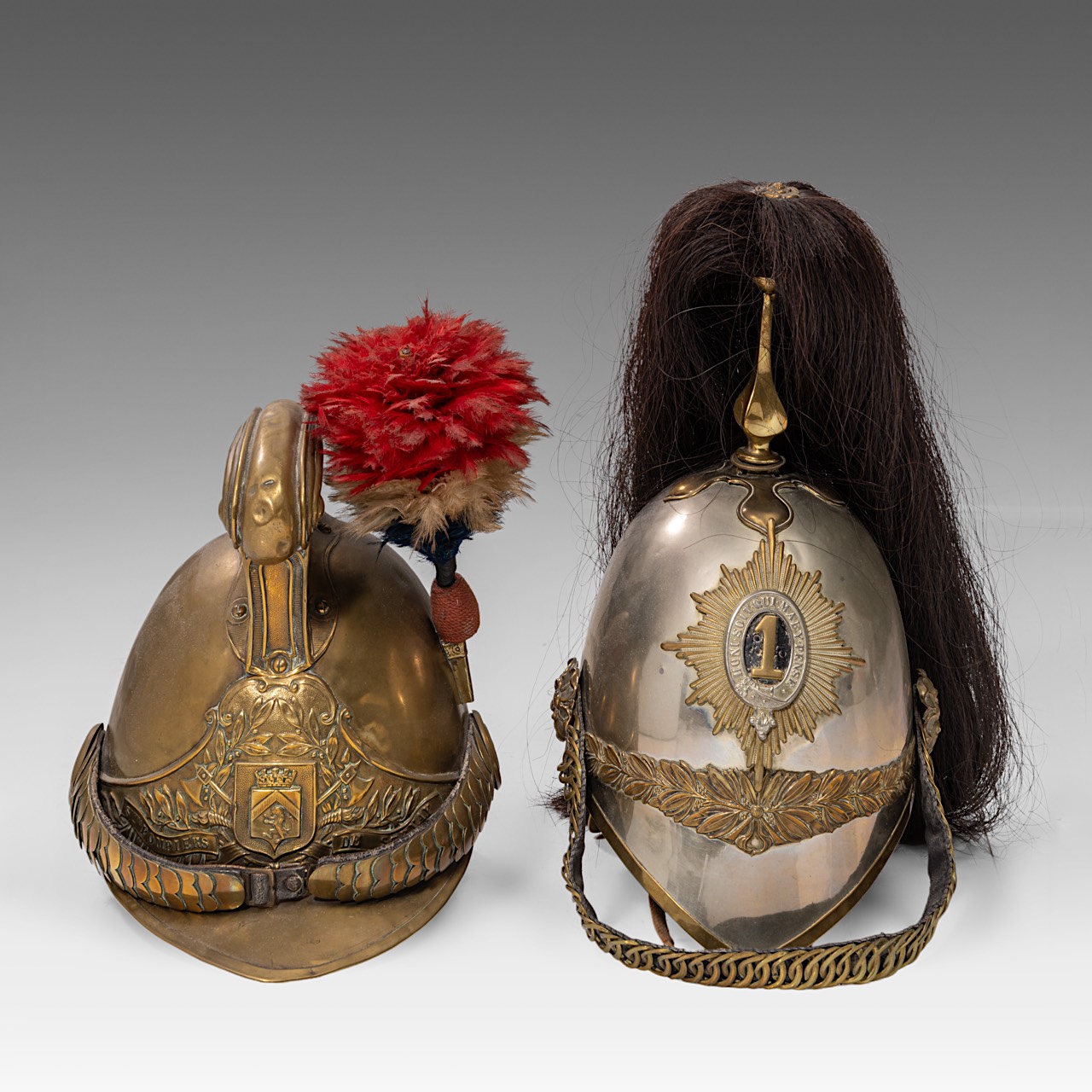 A cuirassier helmet, with black hair tail (French 1854) and another helmet, 19thC, copper and brass - Image 2 of 5
