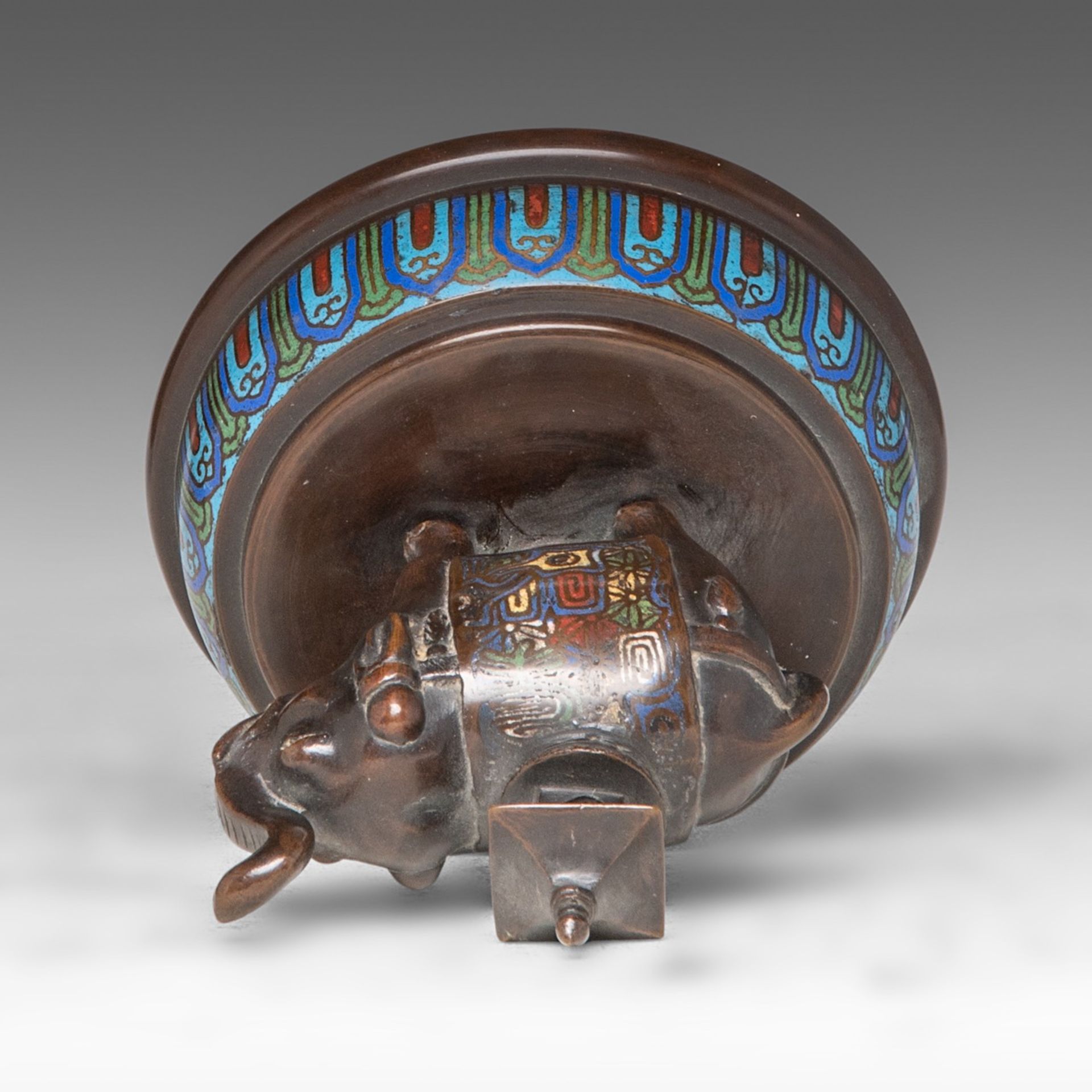 A Japanese champleve enamelled bronze censer and a ditto figure of Kannon seated on an elephant, lat - Image 7 of 8